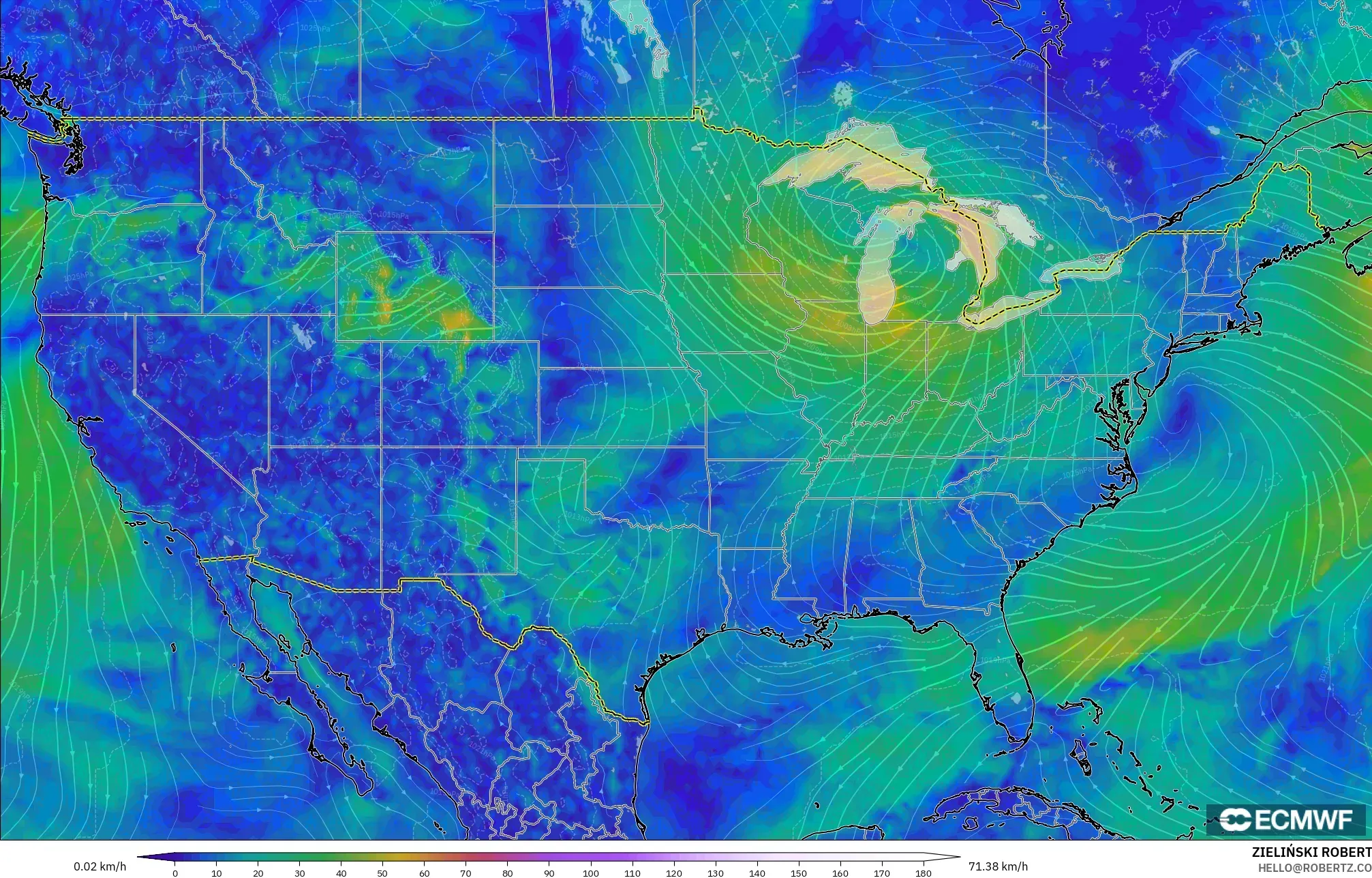 ECMWF IFS 0.25° model - Amerika Birleşik Devletleri, 10 m Rüzgâr
