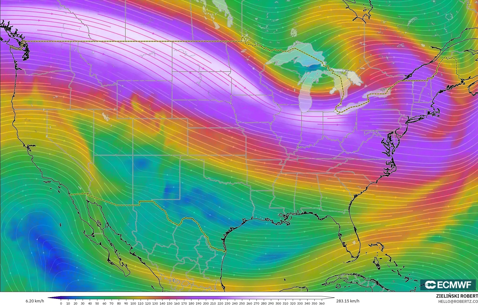 ECMWF IFS 0.25° model - Amerika Birleşik Devletleri, 300 hPa Rüzgârı (jet)