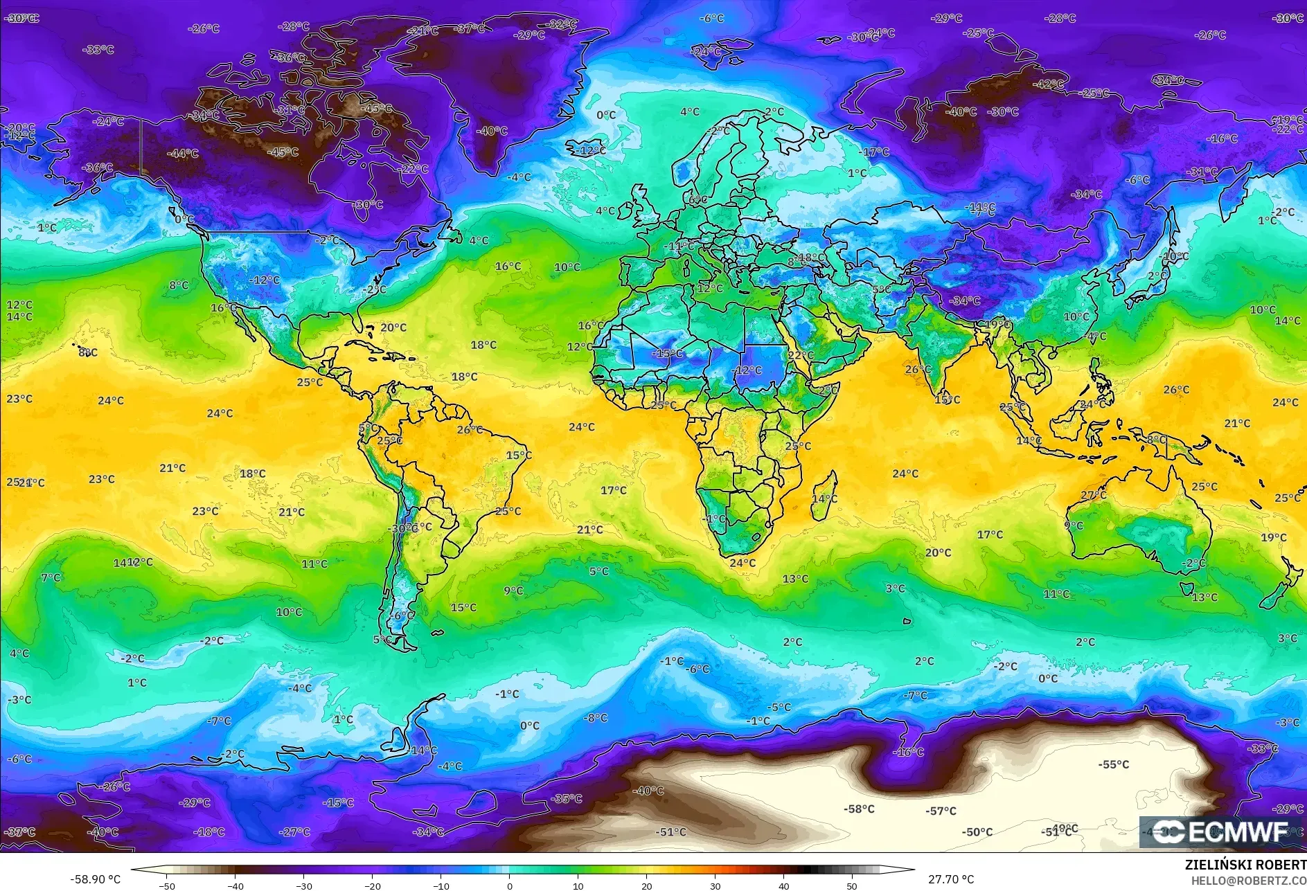 ECMWF IFS 0.25° model - Dünya, 2 m Çiy Noktası