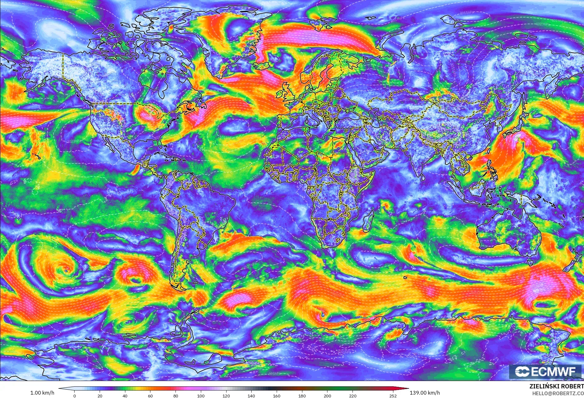 ECMWF IFS 0.25° model - Dünya, En Yüksek Rüzgâr