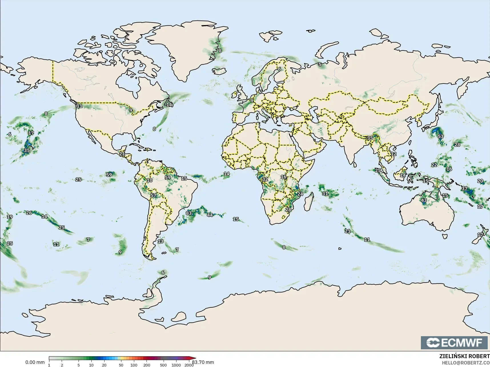 ECMWF IFS 0.25° model - Dünya, Yağış Birikimi