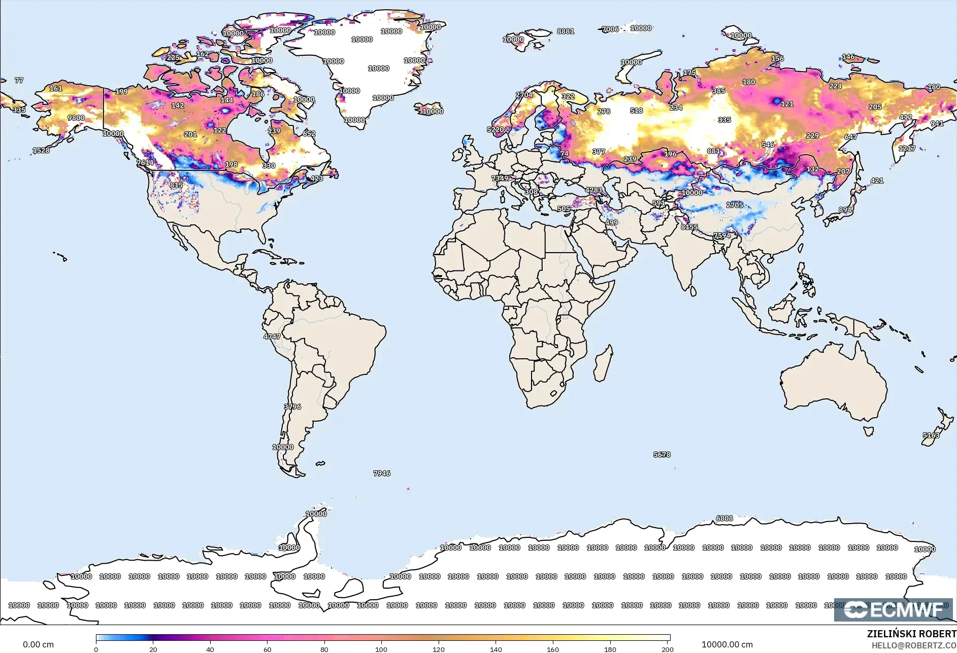 ECMWF IFS 0.25° model - Dünya, Kar Kalınlığı