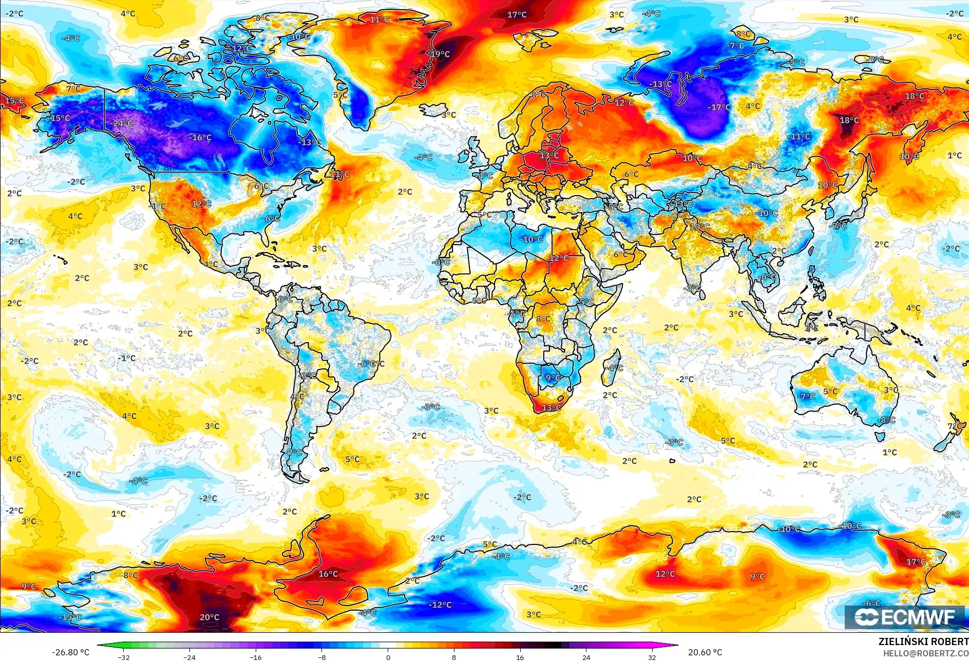ECMWF IFS 0.25° model - Dünya, 2 m Sıcaklık Anomalisi