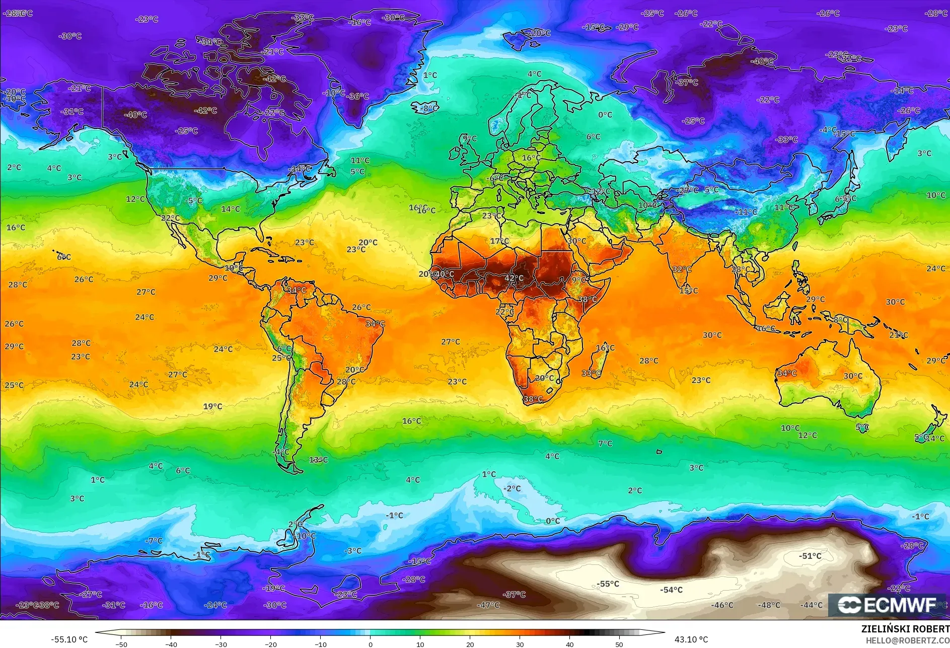 ECMWF IFS 0.25° model - Dünya, 2 m Sıcaklık