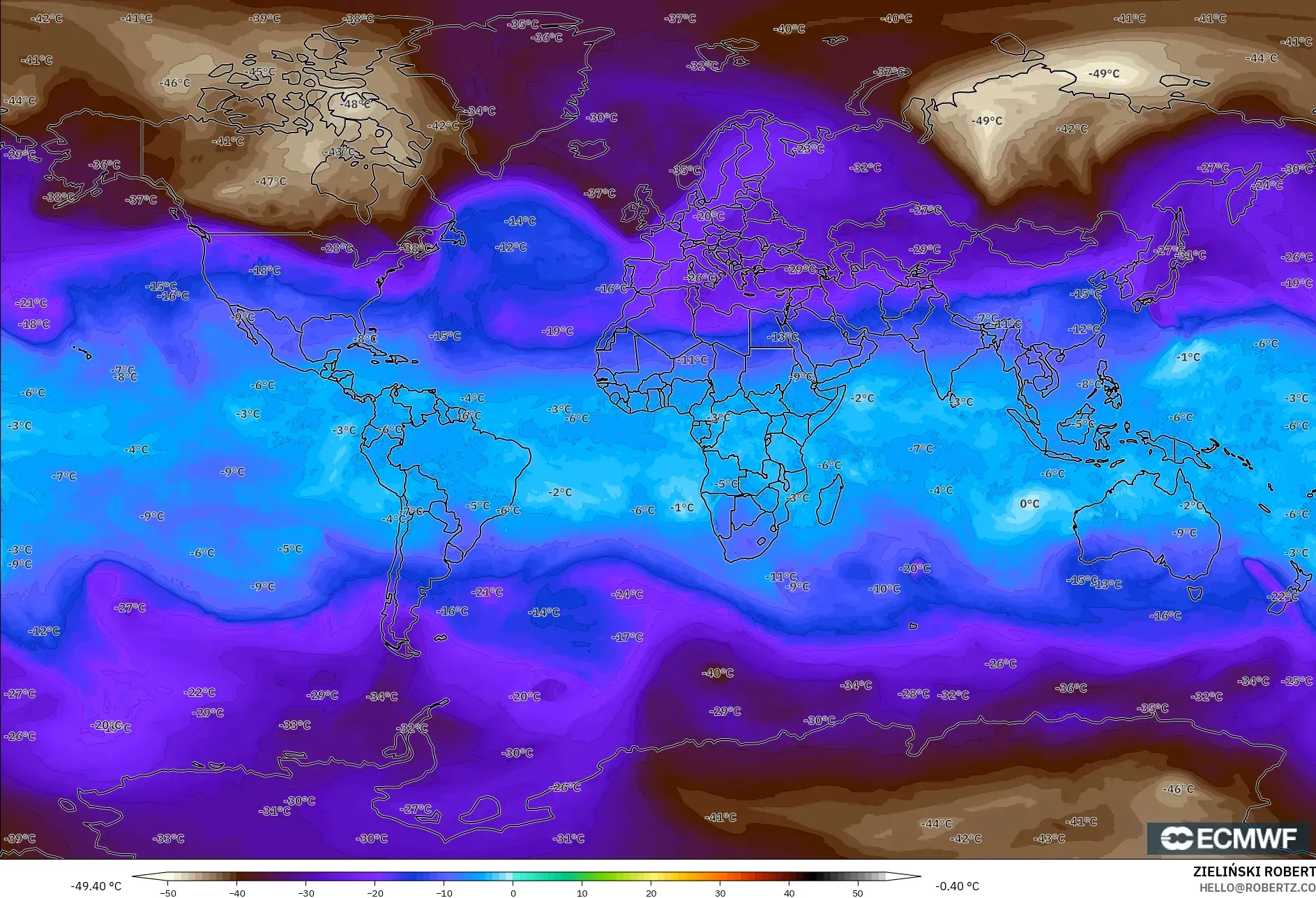 ECMWF IFS 0.25° model - Dünya, 500 hPa Sıcaklık