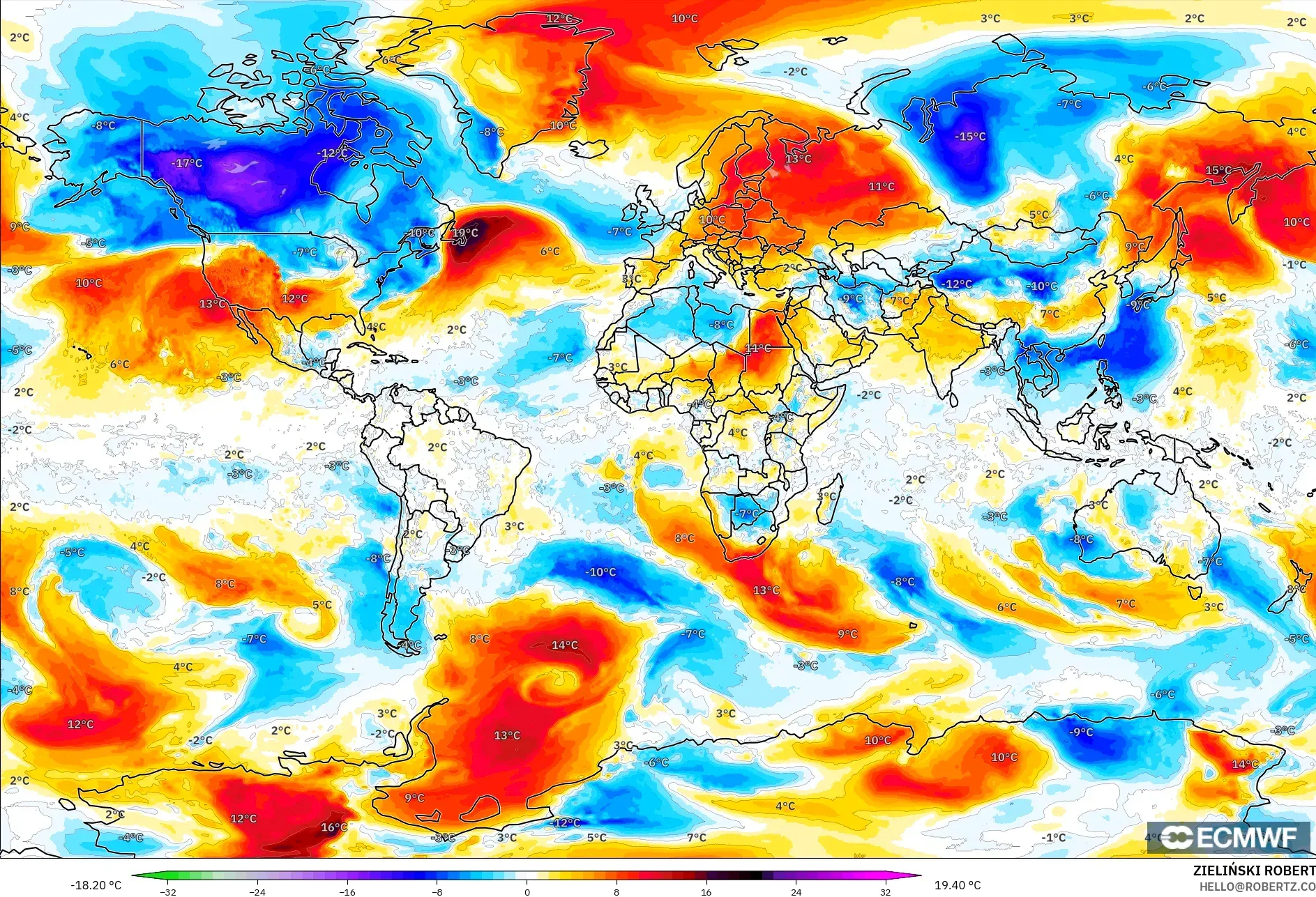 ECMWF IFS 0.25° model - Dünya, 850 hPa Sıcaklık Anomalisi