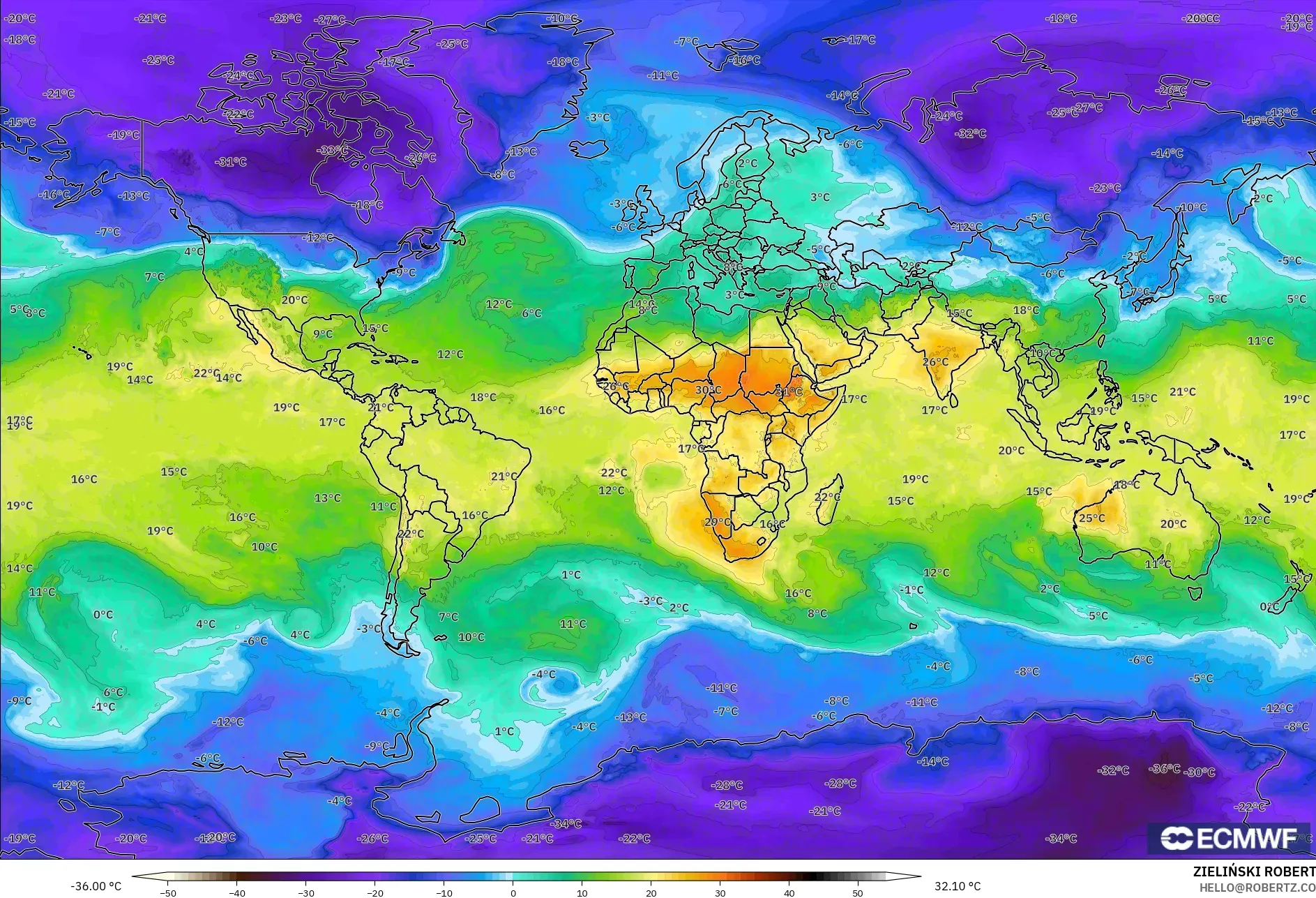 ECMWF IFS 0.25° model - Dünya, 850 hPa Sıcaklık