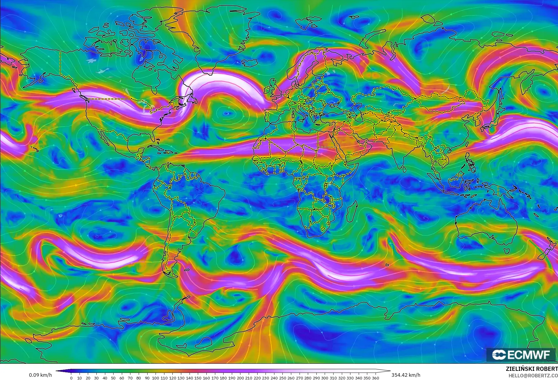 ECMWF IFS 0.25° model - Dünya, 300 hPa Rüzgârı (jet)