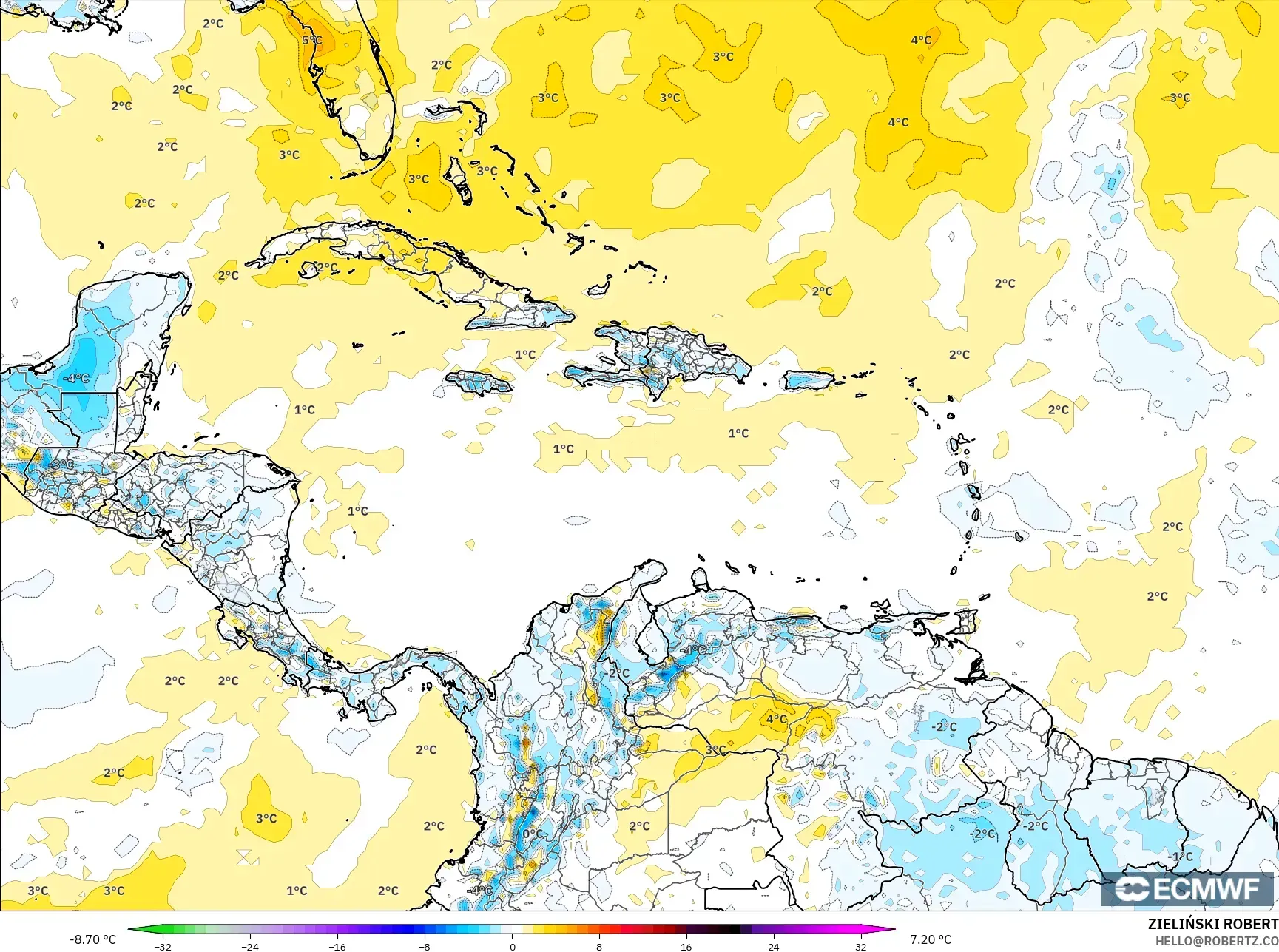 ECMWF IFS 0.25° model - Karayipler, 2 m Sıcaklık Anomalisi