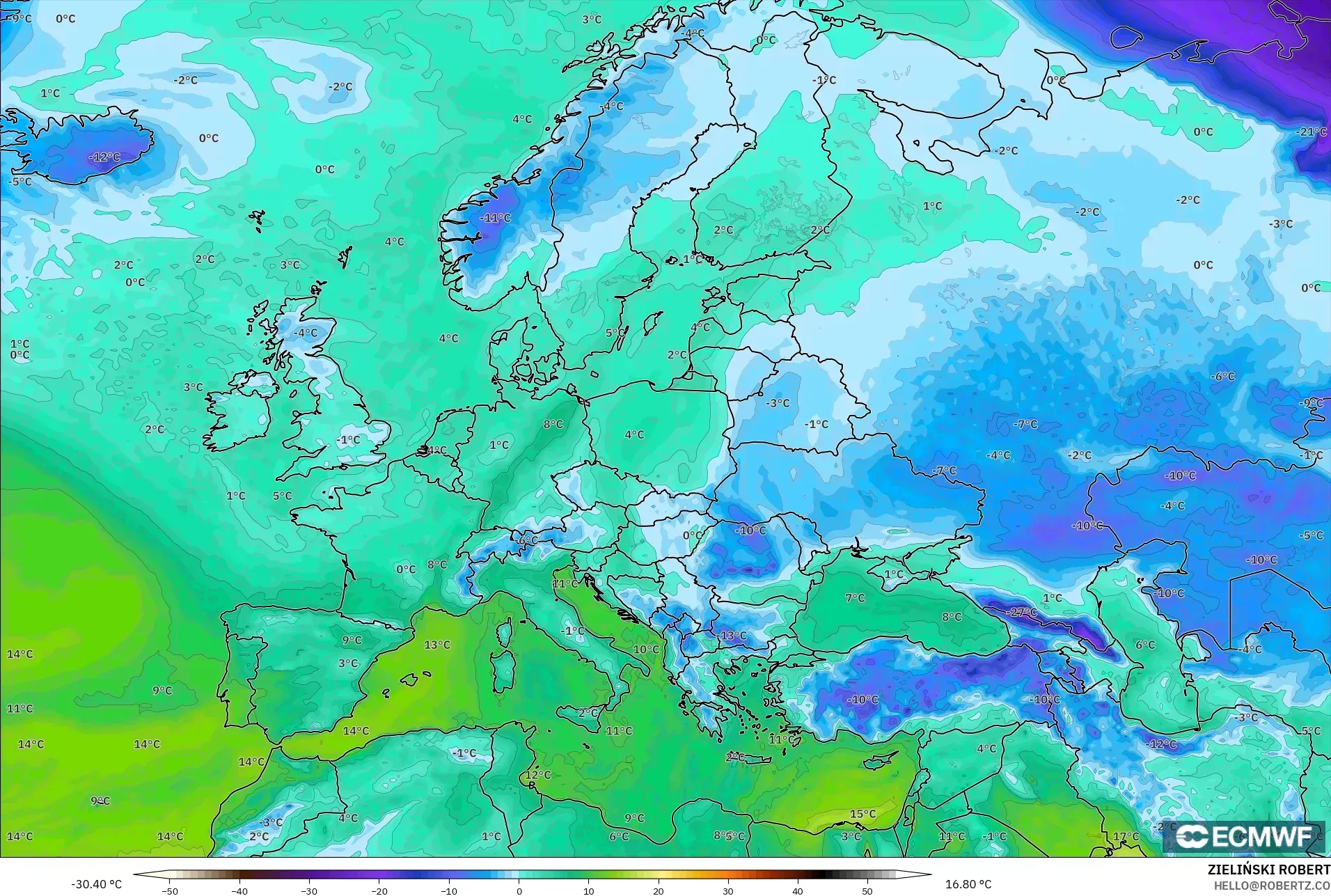 ECMWF IFS 0.25° model - Avrupa, 2 m Çiy Noktası