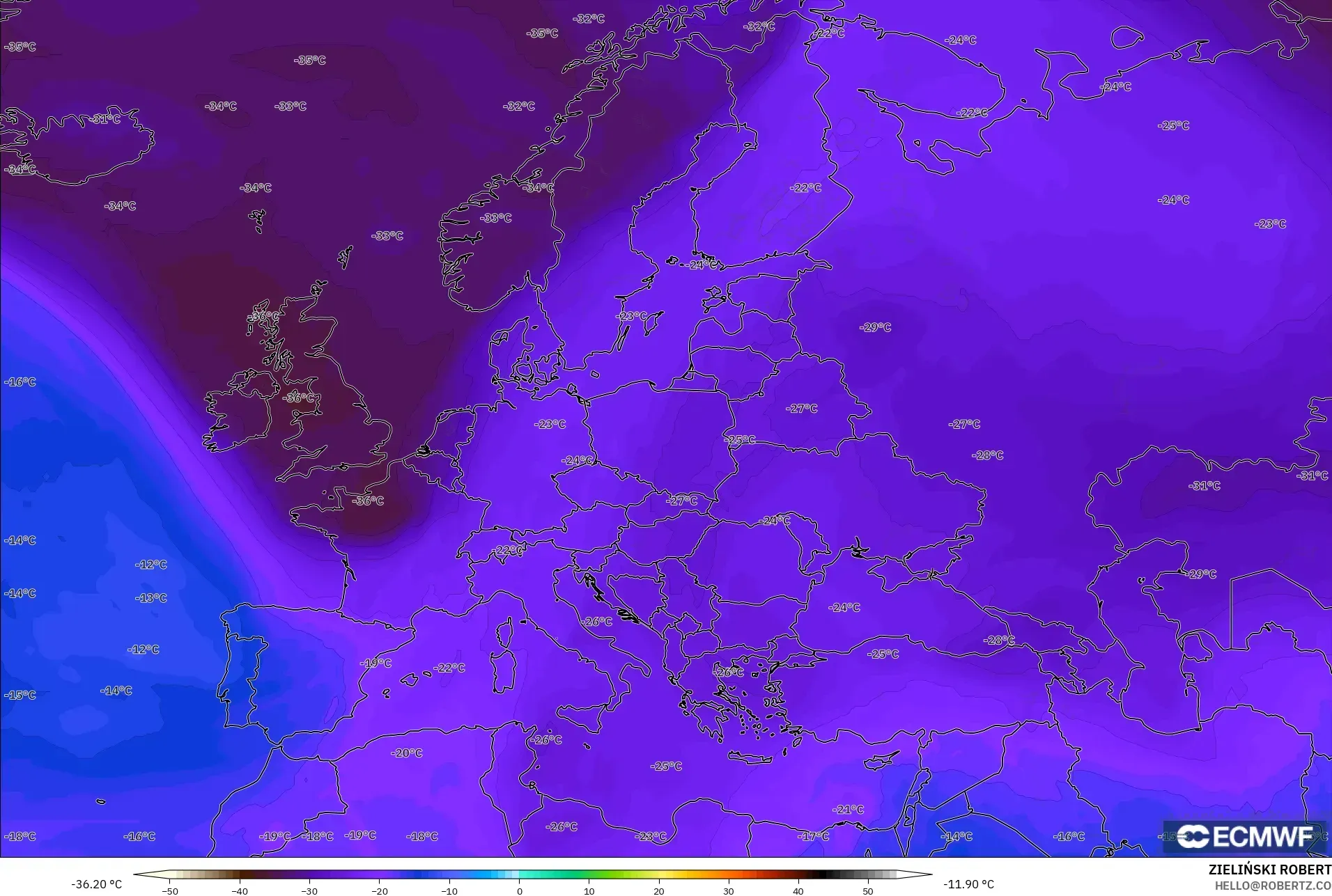 ECMWF IFS 0.25° model - Avrupa, 500 hPa Sıcaklık