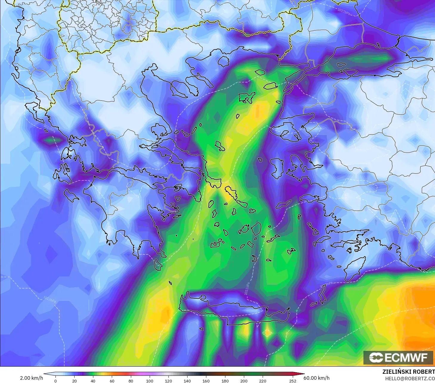 ECMWF IFS 0.25° model - Yunanistan, En Yüksek Rüzgâr