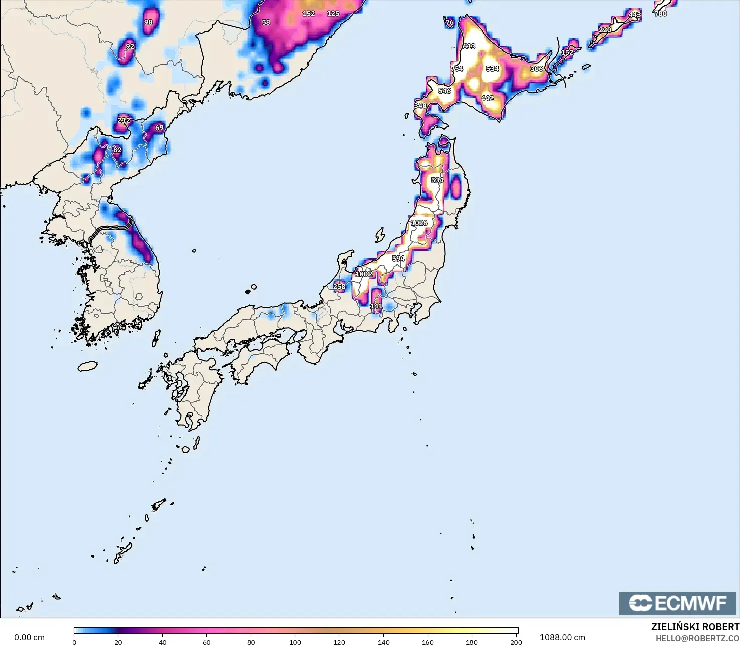 ECMWF IFS 0.25° model - Japonya, Kar Kalınlığı
