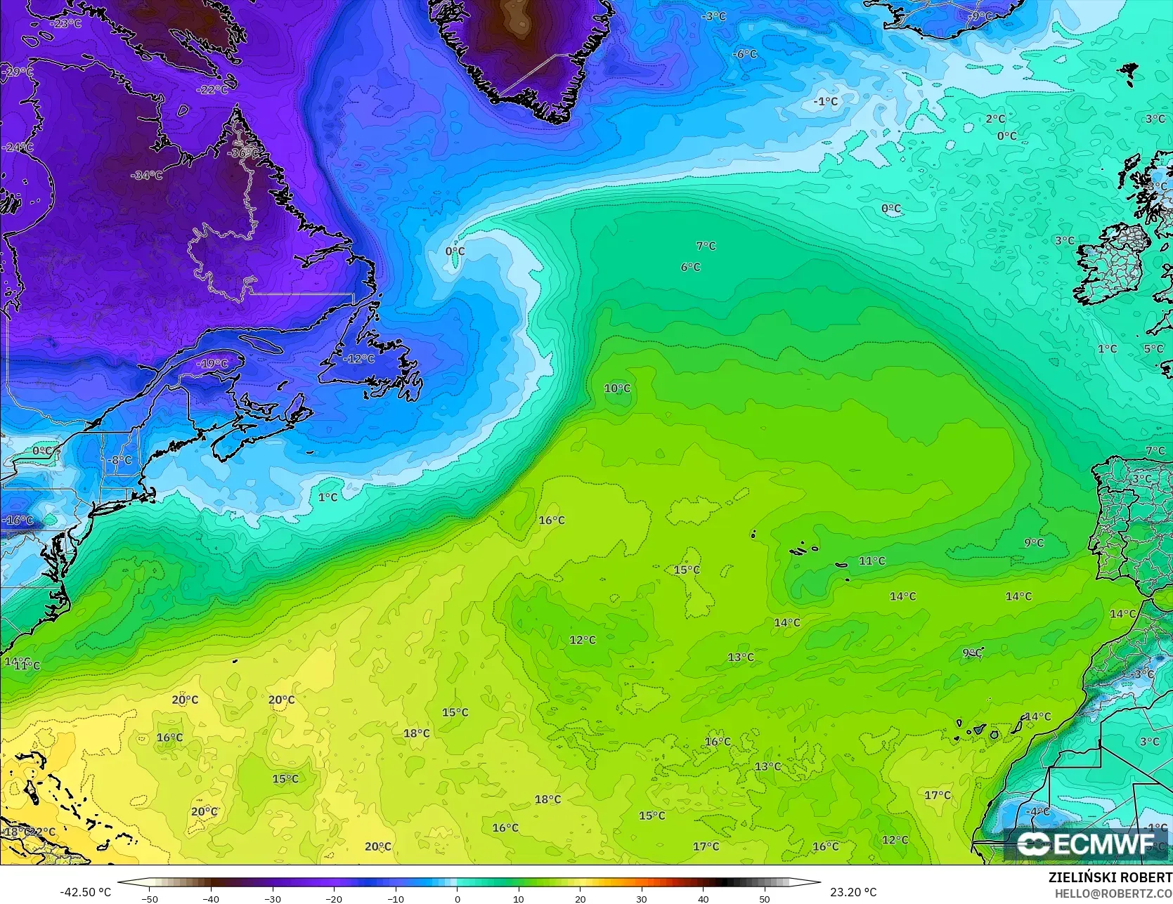 ECMWF IFS 0.25° model - Kuzey Atlantik, 2 m Çiy Noktası