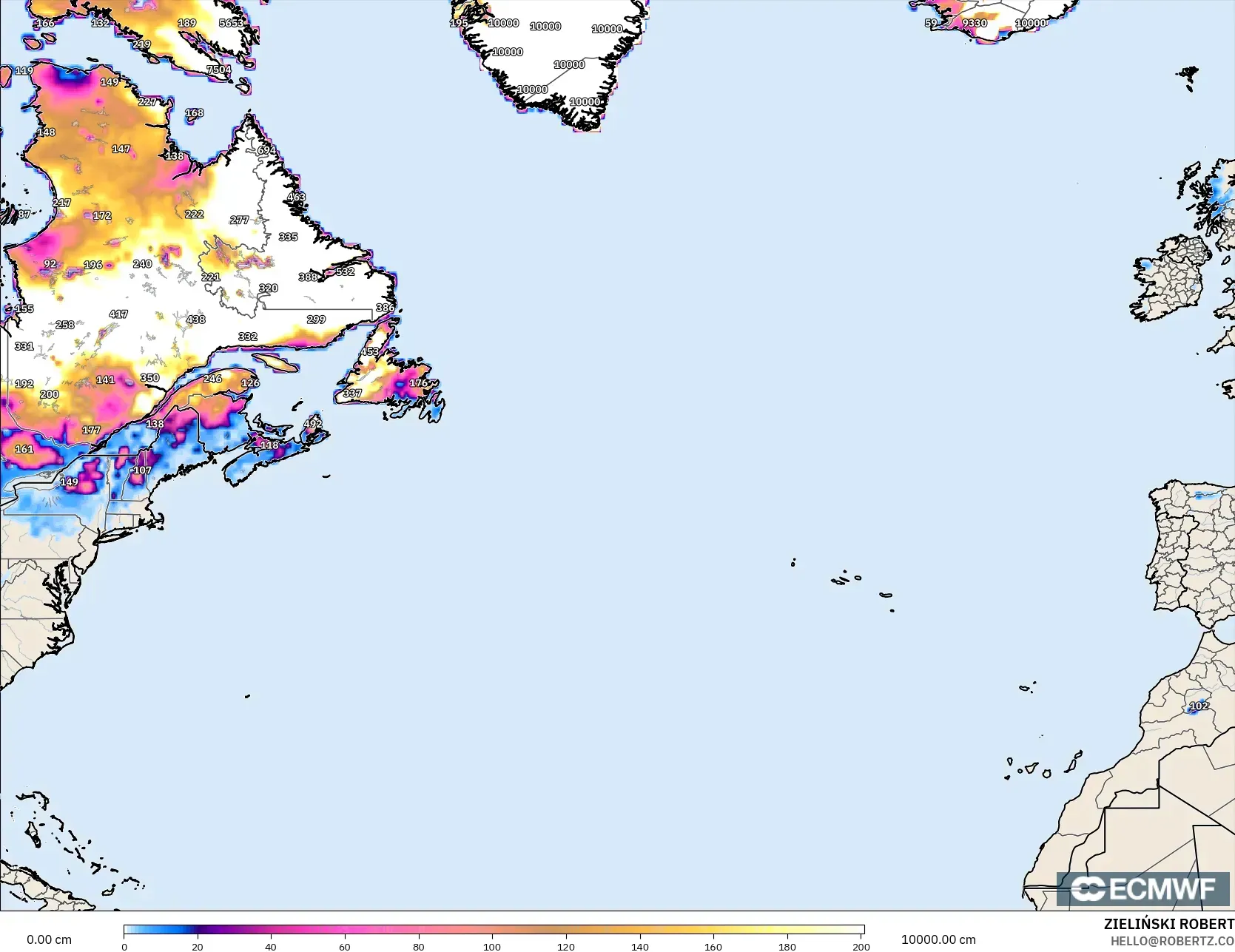 ECMWF IFS 0.25° model - Kuzey Atlantik, Kar Kalınlığı
