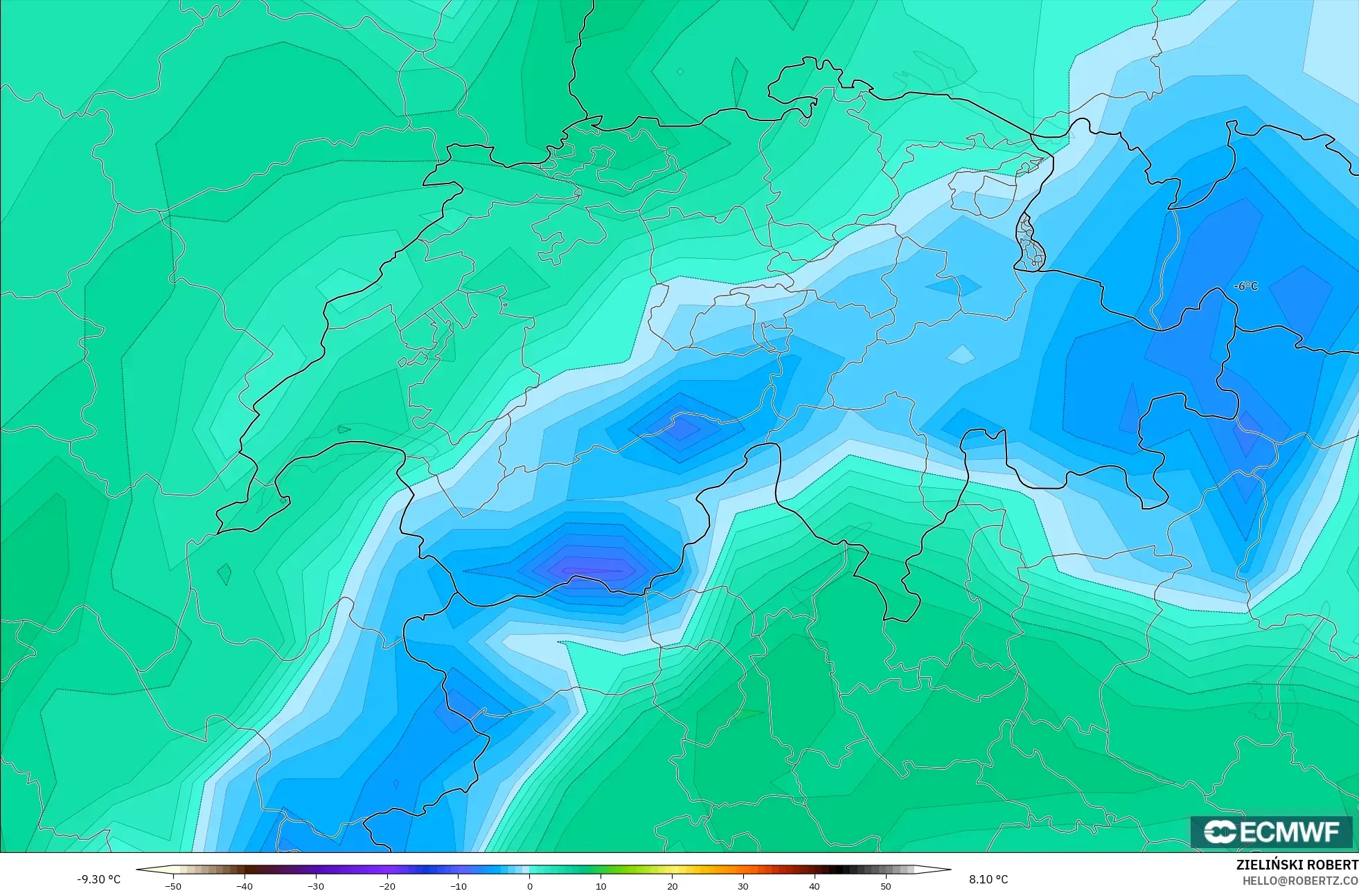 ECMWF IFS 0.25° model - İsviçre, 2 m Çiy Noktası
