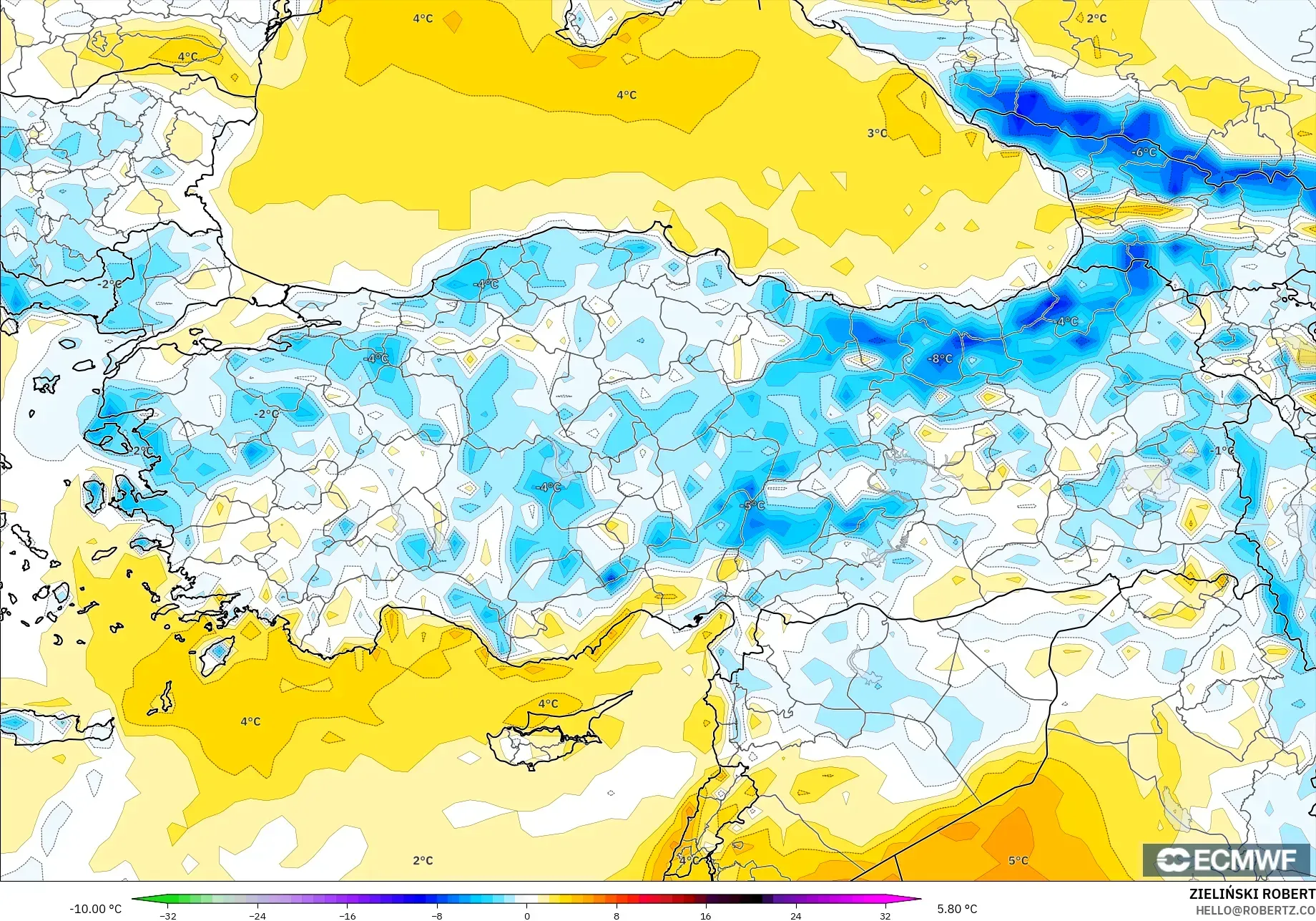 ECMWF IFS 0.25° model - Türkiye, 2 m Sıcaklık Anomalisi