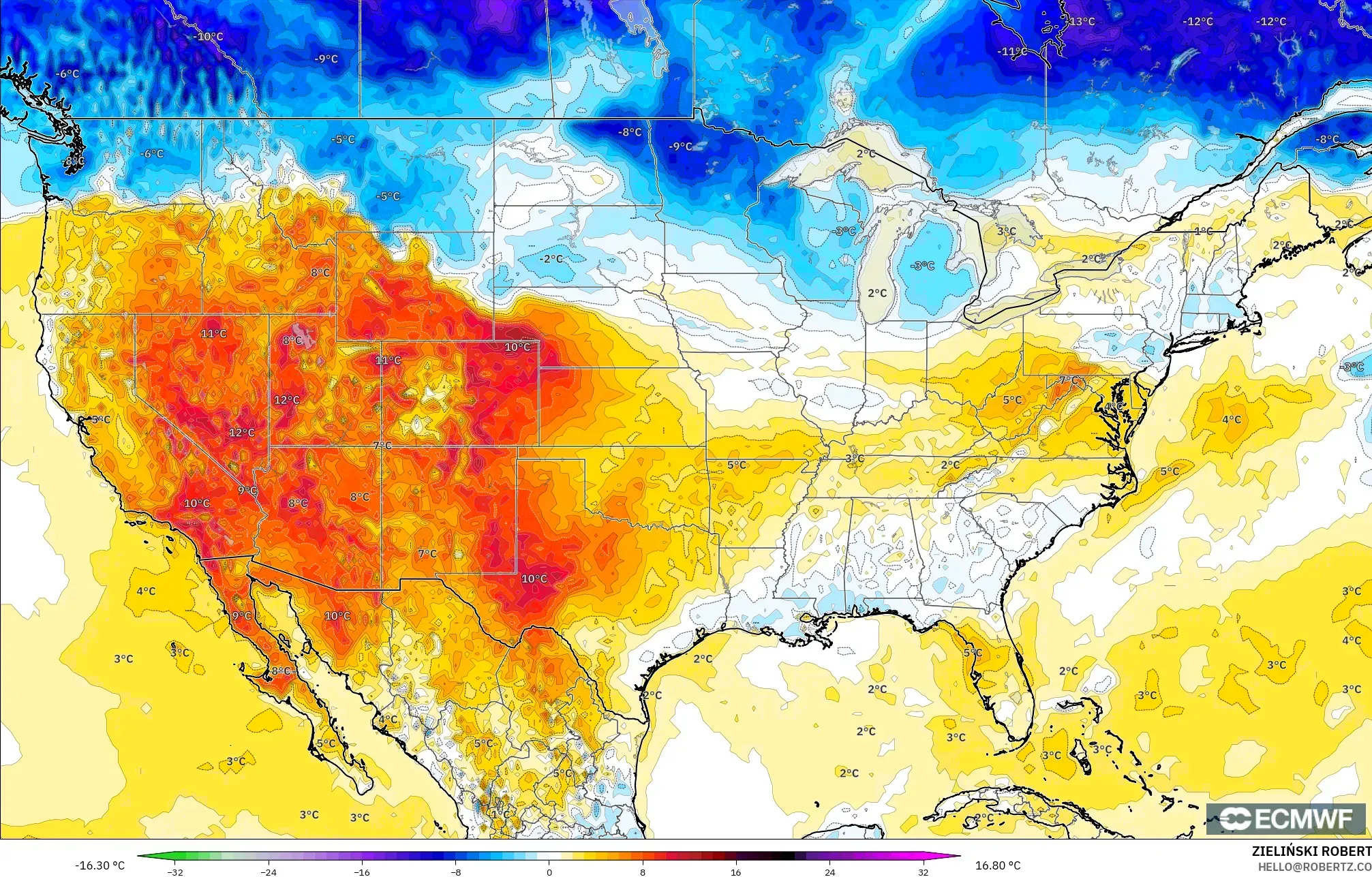 ECMWF IFS 0.25° model - Amerika Birleşik Devletleri, 2 m Sıcaklık Anomalisi