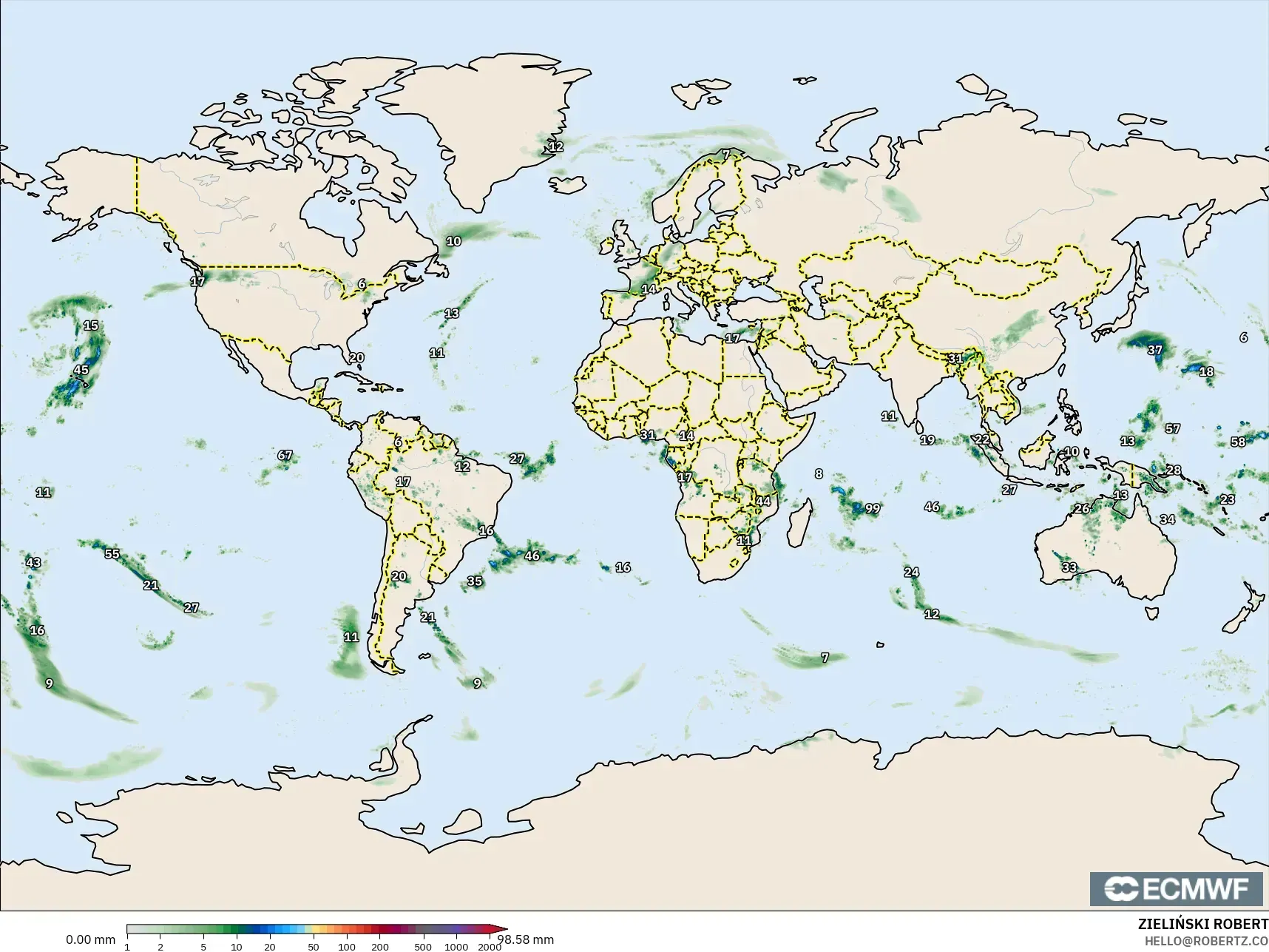 ECMWF IFS 0.25° model - Dünya, Yağış Birikimi