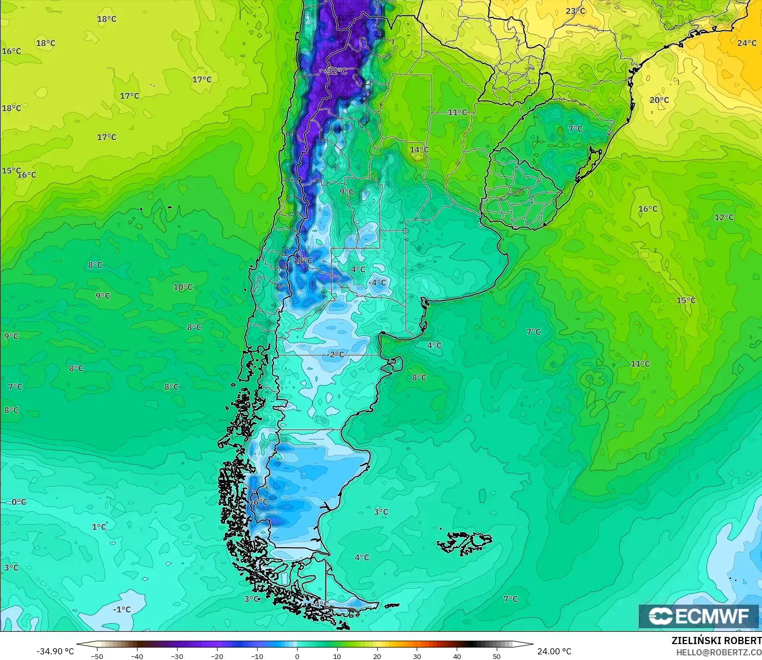 ECMWF IFS 0.25° model - Arjantin, 2 m Çiy Noktası