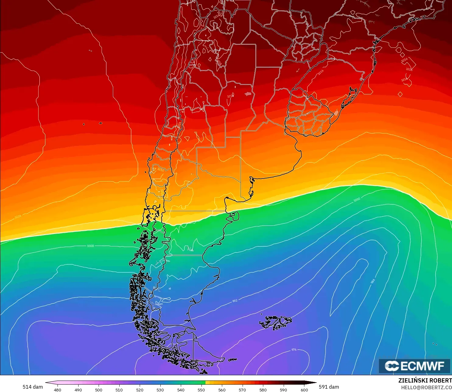 ECMWF IFS 0.25° model - Arjantin, 500 hPa’da jeopotansiyel yükseklik