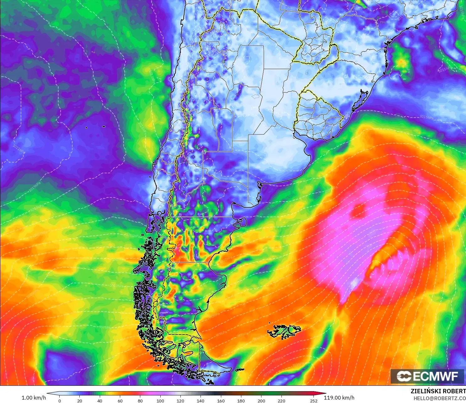ECMWF IFS 0.25° model - Arjantin, En Yüksek Rüzgâr