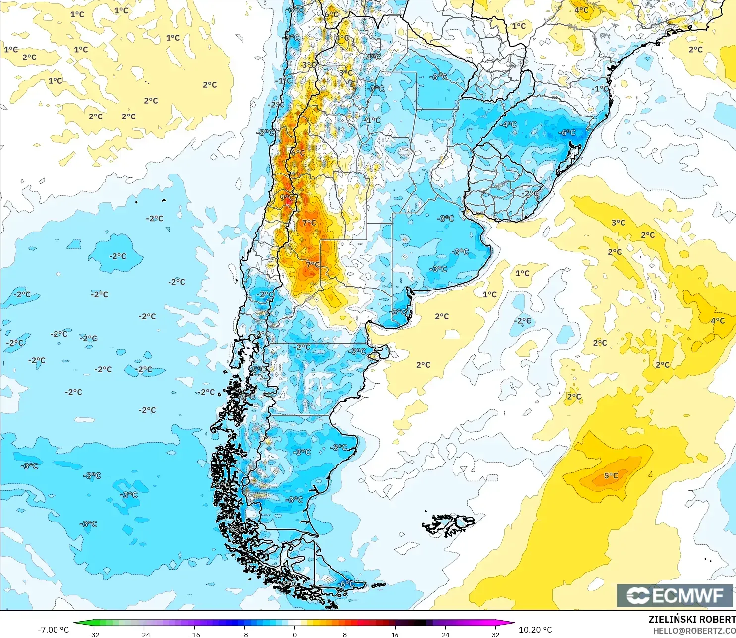 ECMWF IFS 0.25° model - Arjantin, 2 m Sıcaklık Anomalisi