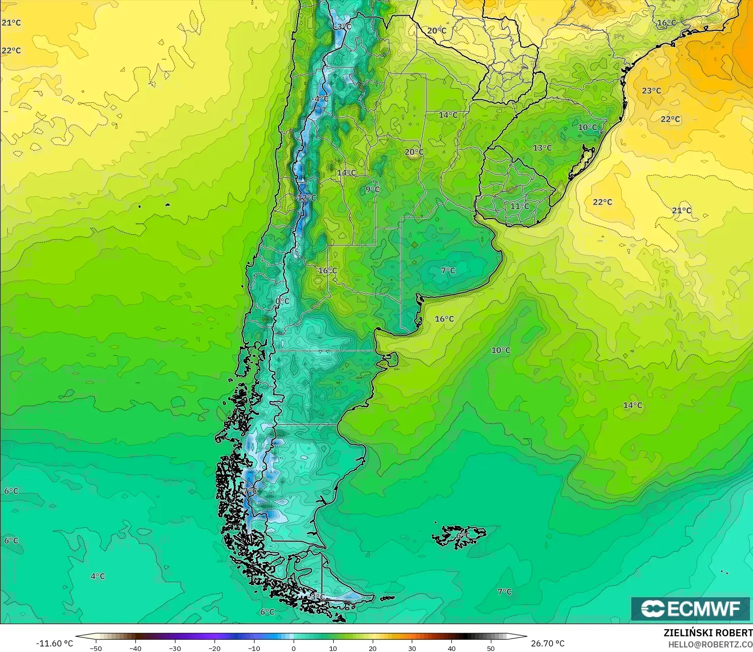 ECMWF IFS 0.25° model - Arjantin, 2 m Sıcaklık