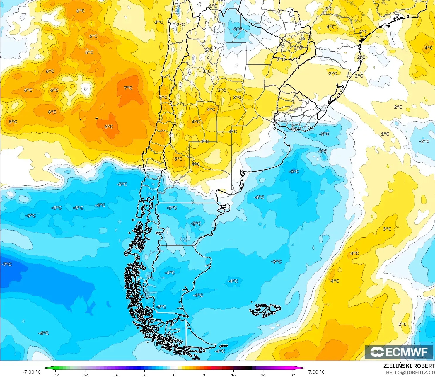ECMWF IFS 0.25° model - Arjantin, 850 hPa Sıcaklık Anomalisi