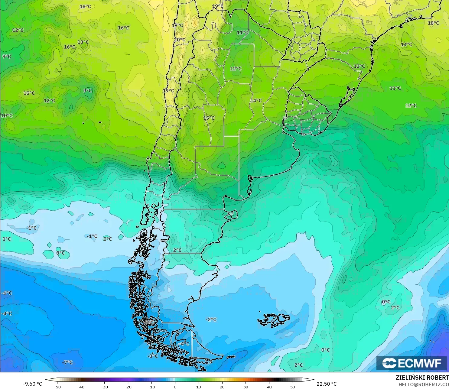 ECMWF IFS 0.25° model - Arjantin, 850 hPa Sıcaklık
