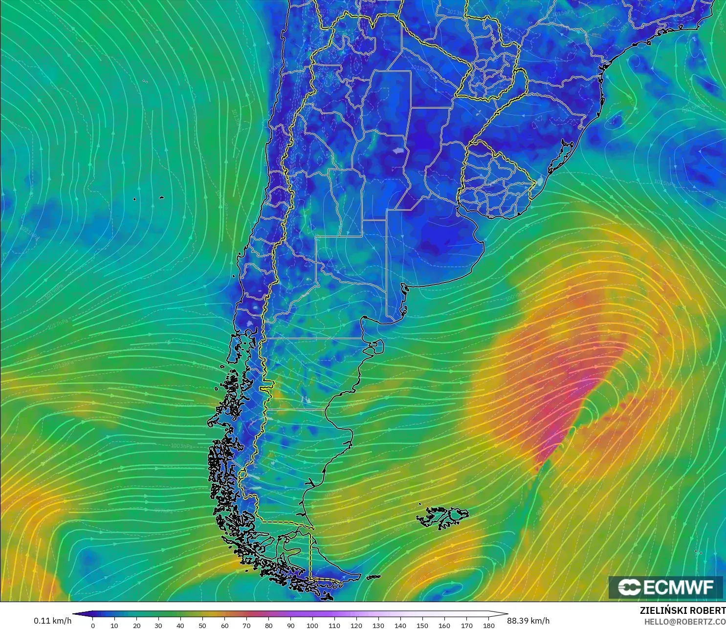 ECMWF IFS 0.25° model - Arjantin, 10 m Rüzgâr