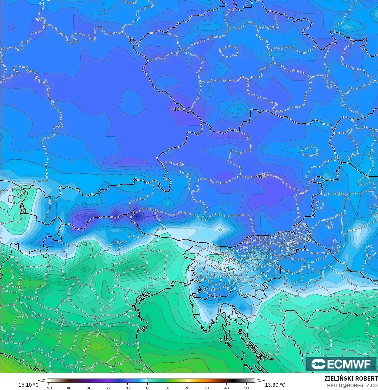 ECMWF IFS 0.25° model - Avusturya, 2 m Çiy Noktası