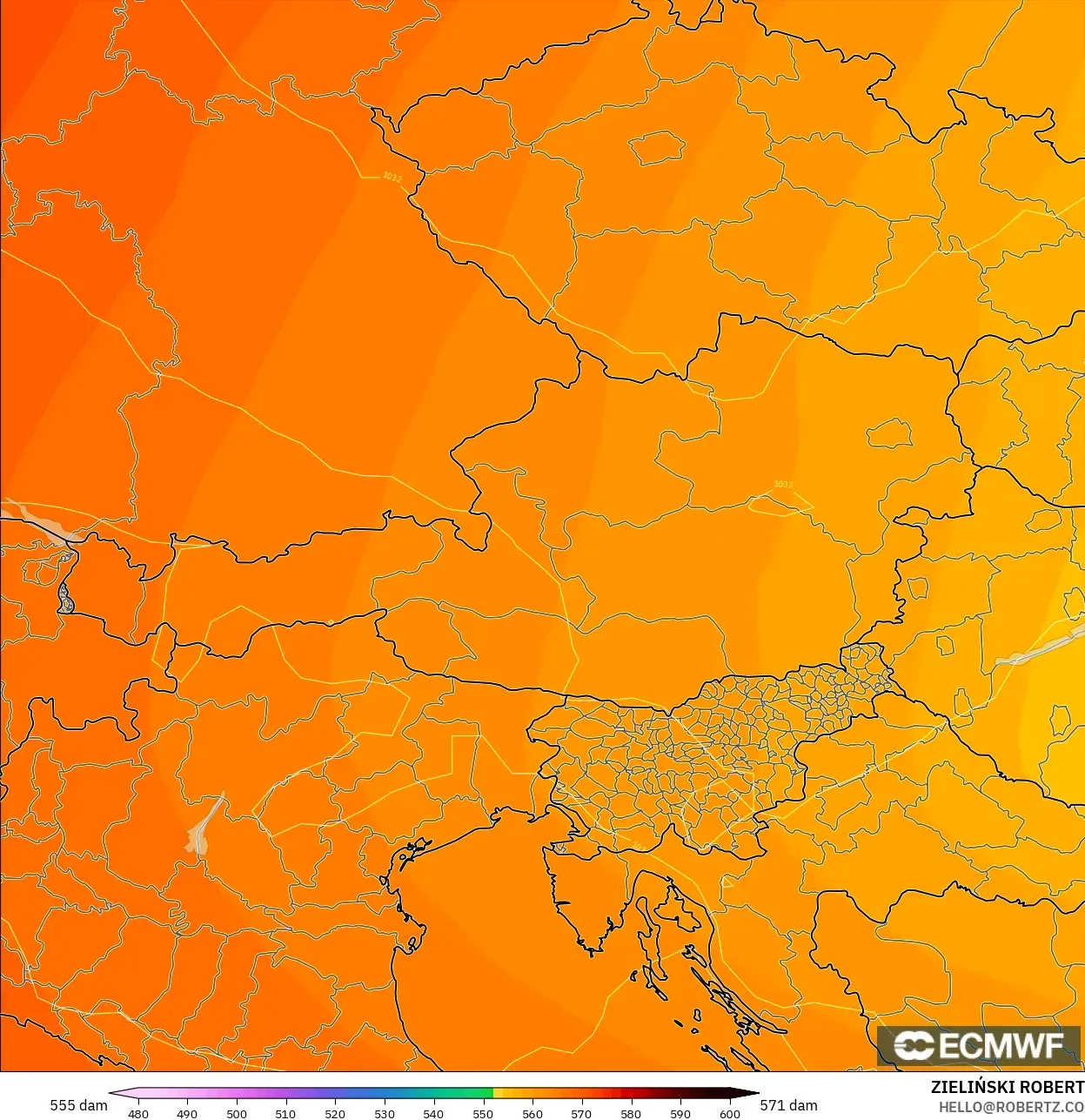 ECMWF IFS 0.25° model - Avusturya, 500 hPa’da jeopotansiyel yükseklik