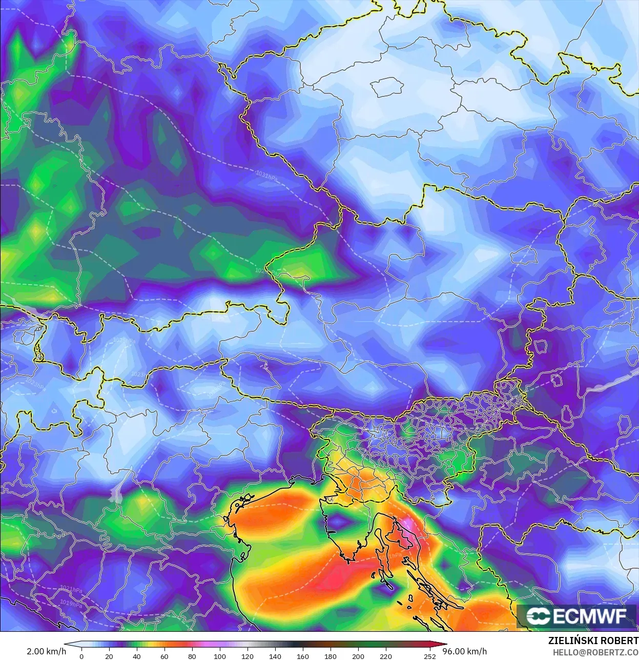 ECMWF IFS 0.25° model - Avusturya, Rüzgâr Esintileri