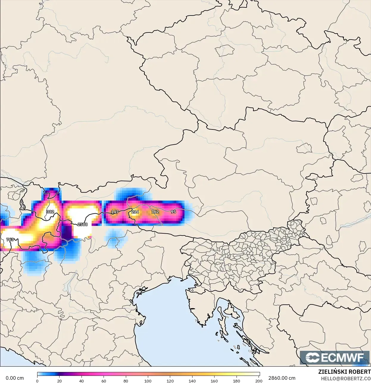 ECMWF IFS 0.25° model - Avusturya, Kar Kalınlığı