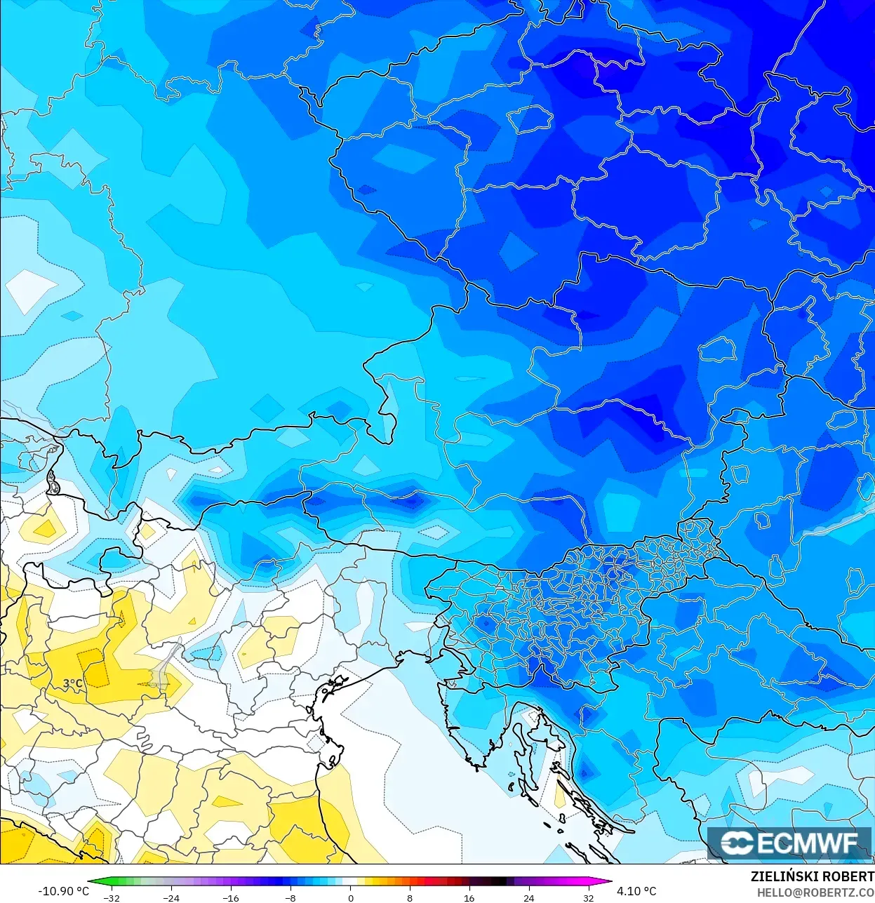 ECMWF IFS 0.25° model - Avusturya, 2 m Sıcaklık Anomalisi