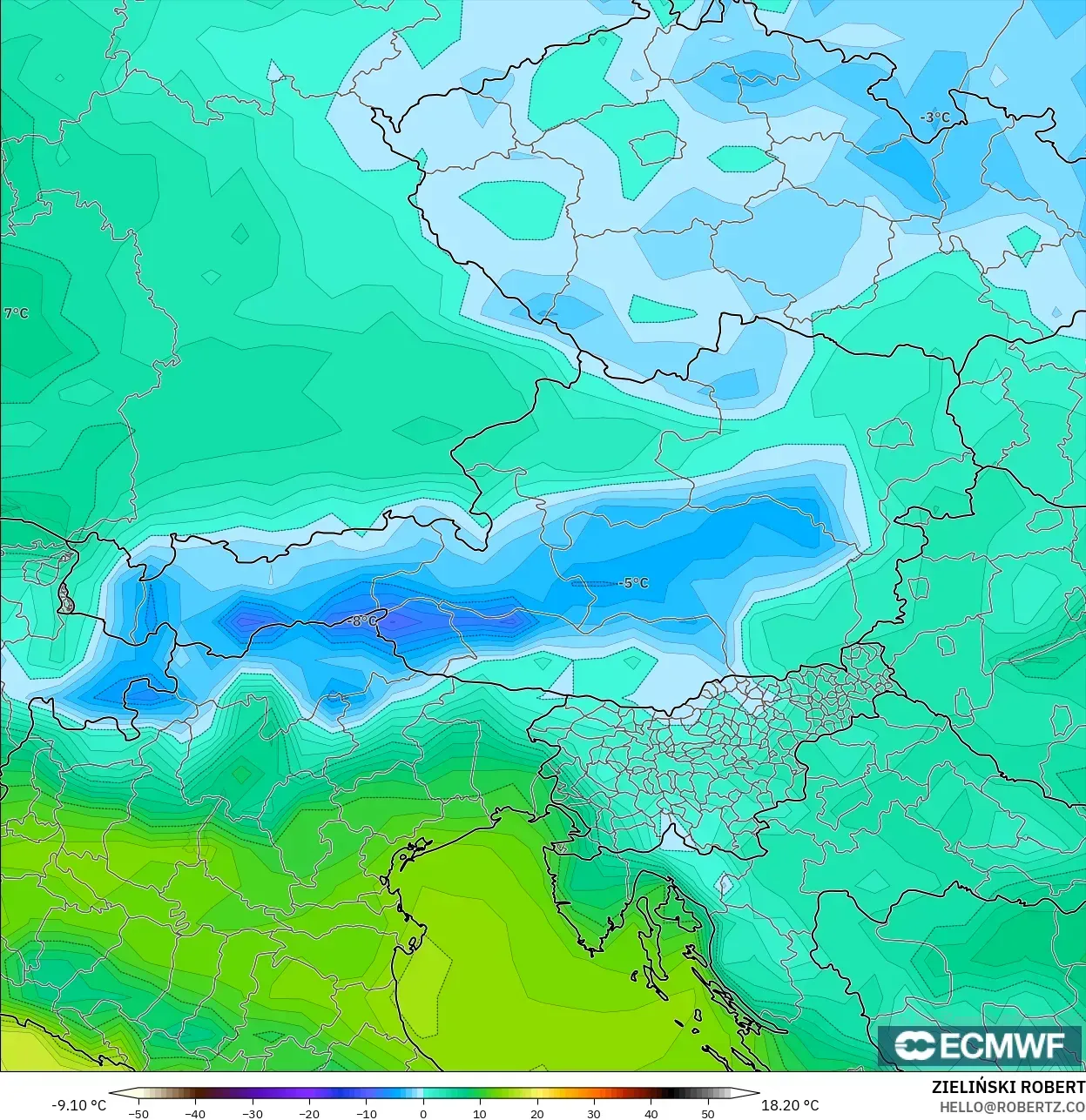 ECMWF IFS 0.25° model - Avusturya, 2 m Sıcaklık