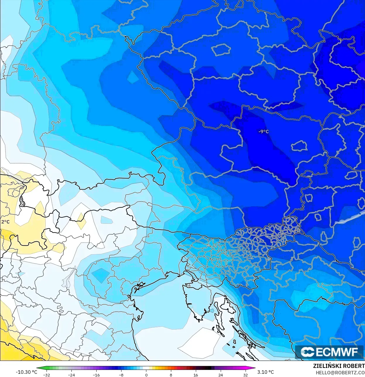 ECMWF IFS 0.25° model - Avusturya, 850 hPa Sıcaklık Anomalisi