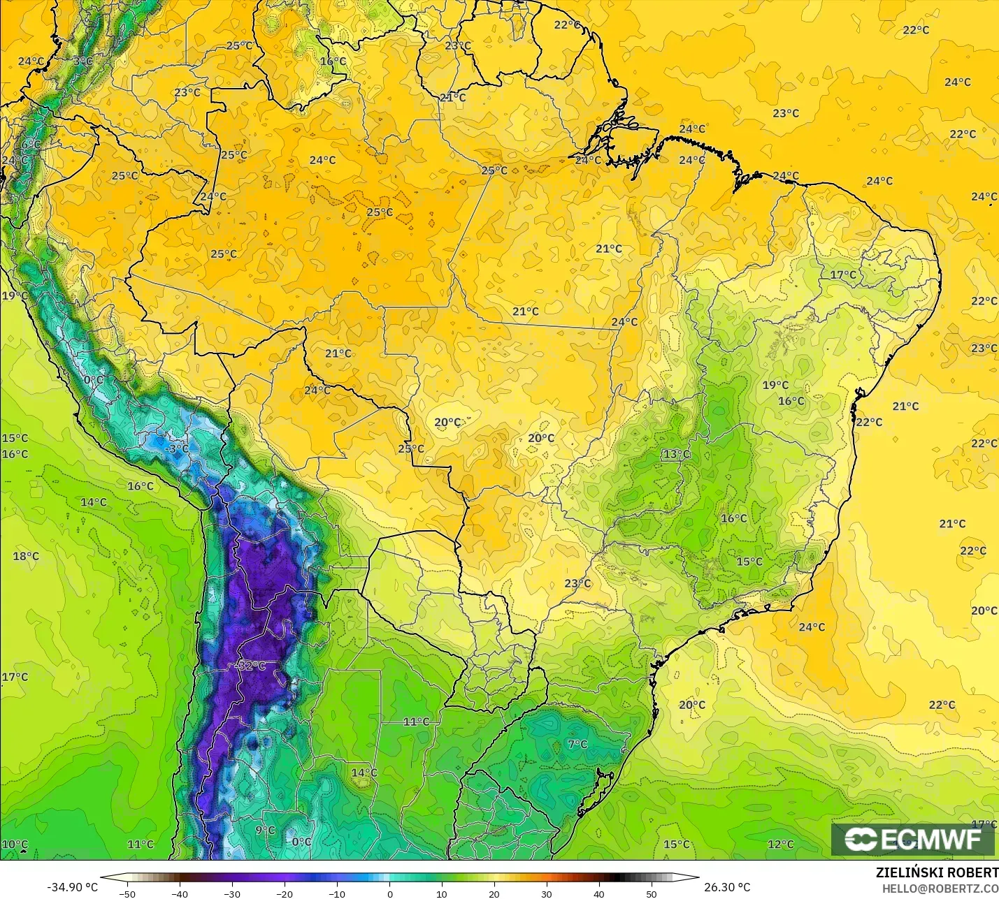 ECMWF IFS 0.25° model - Brezilya, 2 m Çiy Noktası