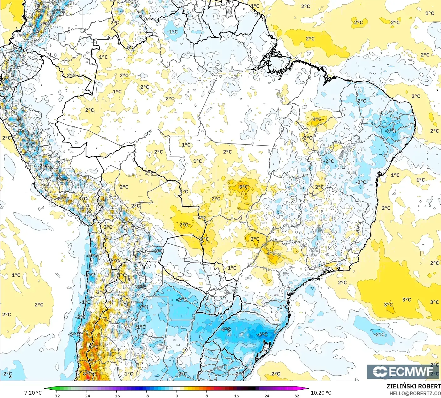ECMWF IFS 0.25° model - Brezilya, 2 m Sıcaklık Anomalisi