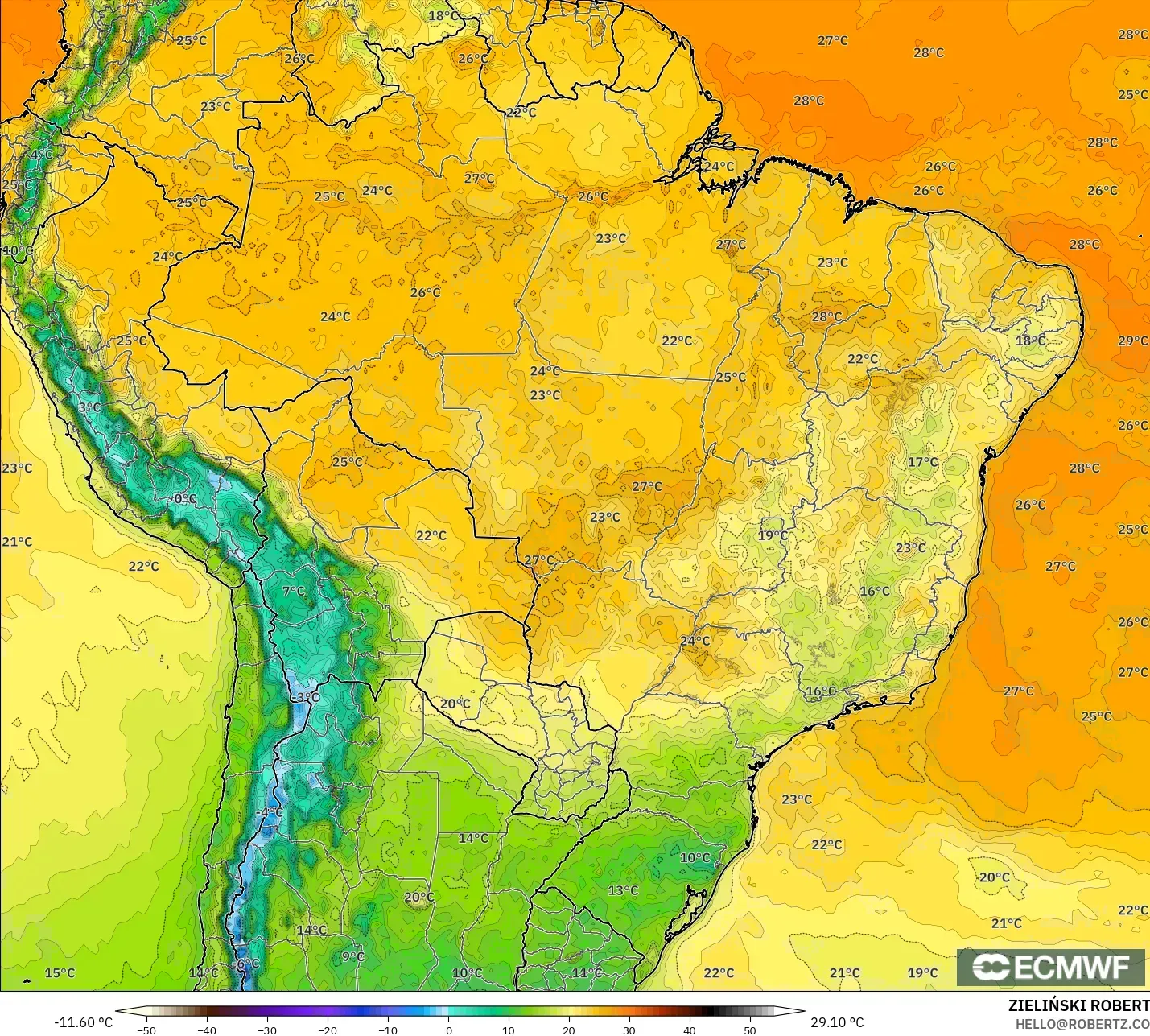 ECMWF IFS 0.25° model - Brezilya, 2 m Sıcaklık