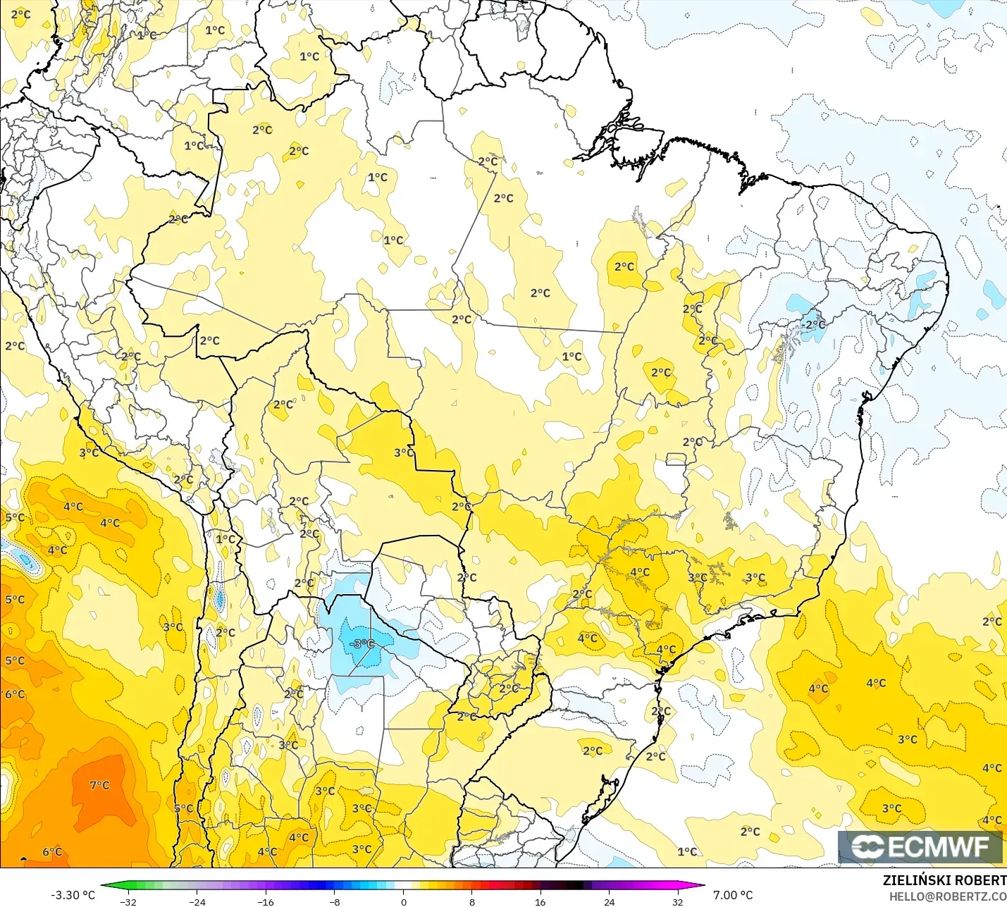 ECMWF IFS 0.25° model - Brezilya, 850 hPa Sıcaklık Anomalisi