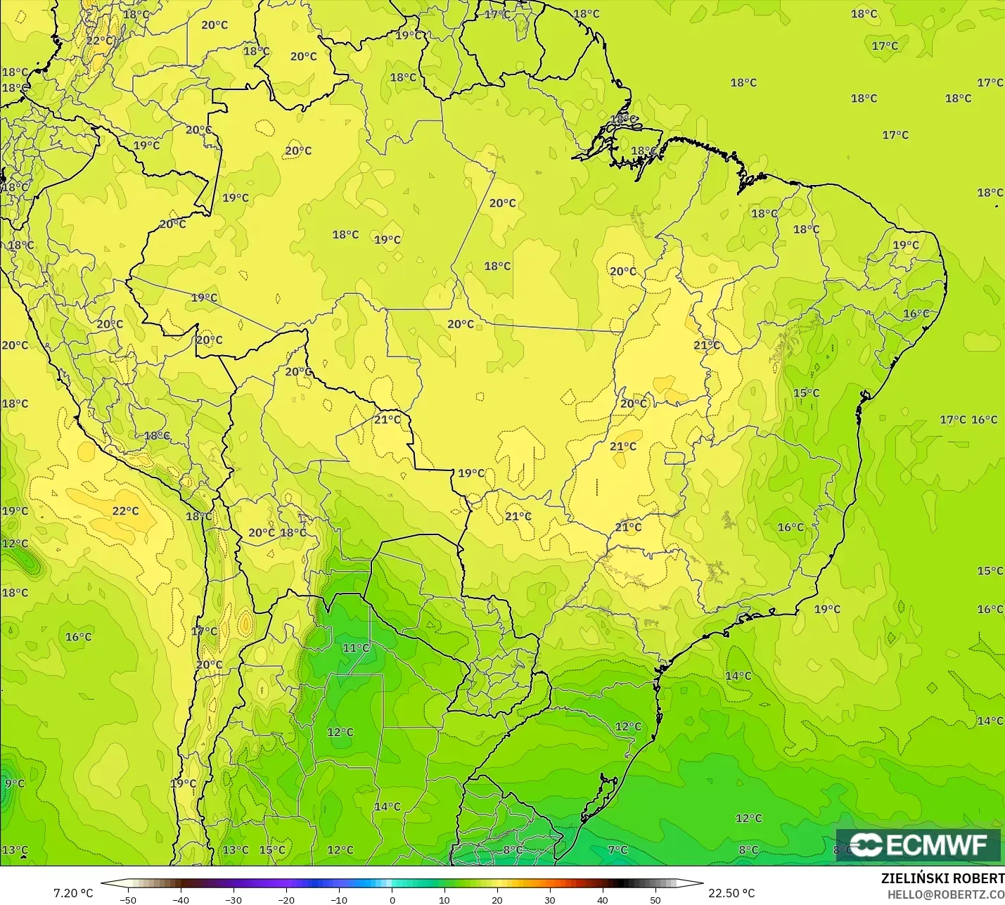 ECMWF IFS 0.25° model - Brezilya, 850 hPa Sıcaklık