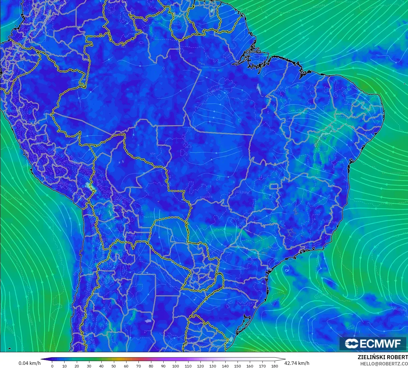 ECMWF IFS 0.25° model - Brezilya, 10 m Rüzgâr