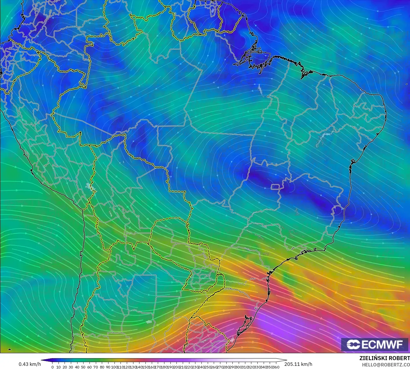 ECMWF IFS 0.25° model - Brezilya, 300 hPa Rüzgârı (jet)