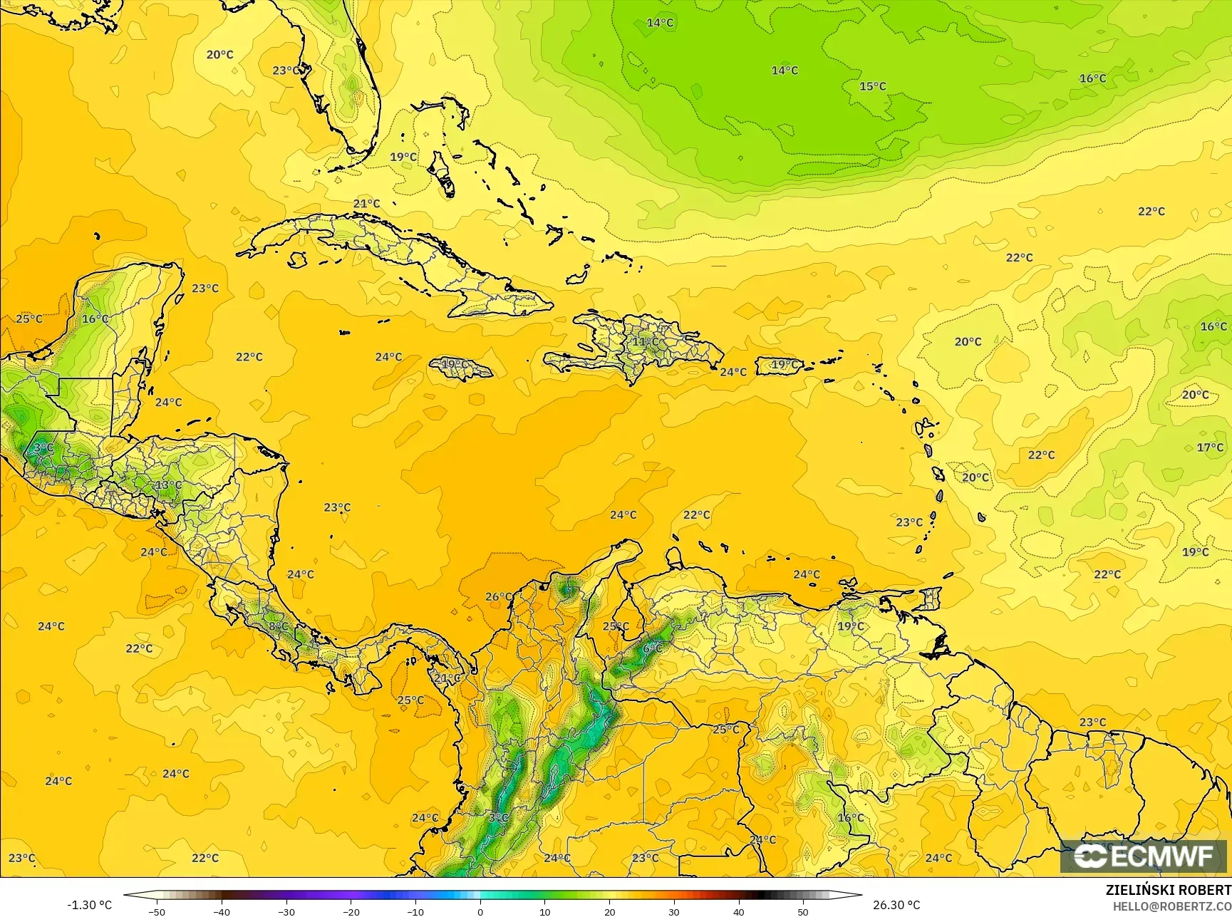 ECMWF IFS 0.25° model - Karayipler, 2 m Çiy Noktası