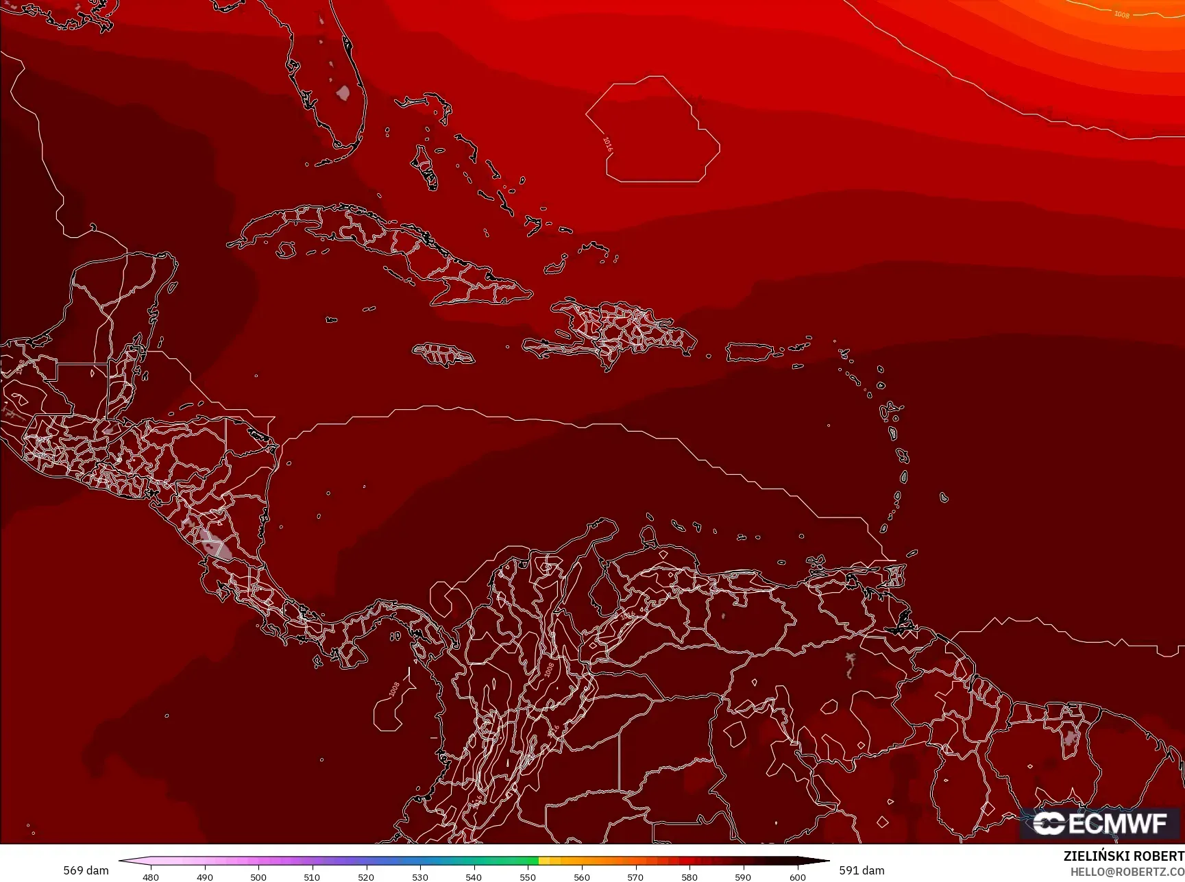 ECMWF IFS 0.25° model - Karayipler, 500 hPa’da jeopotansiyel yükseklik