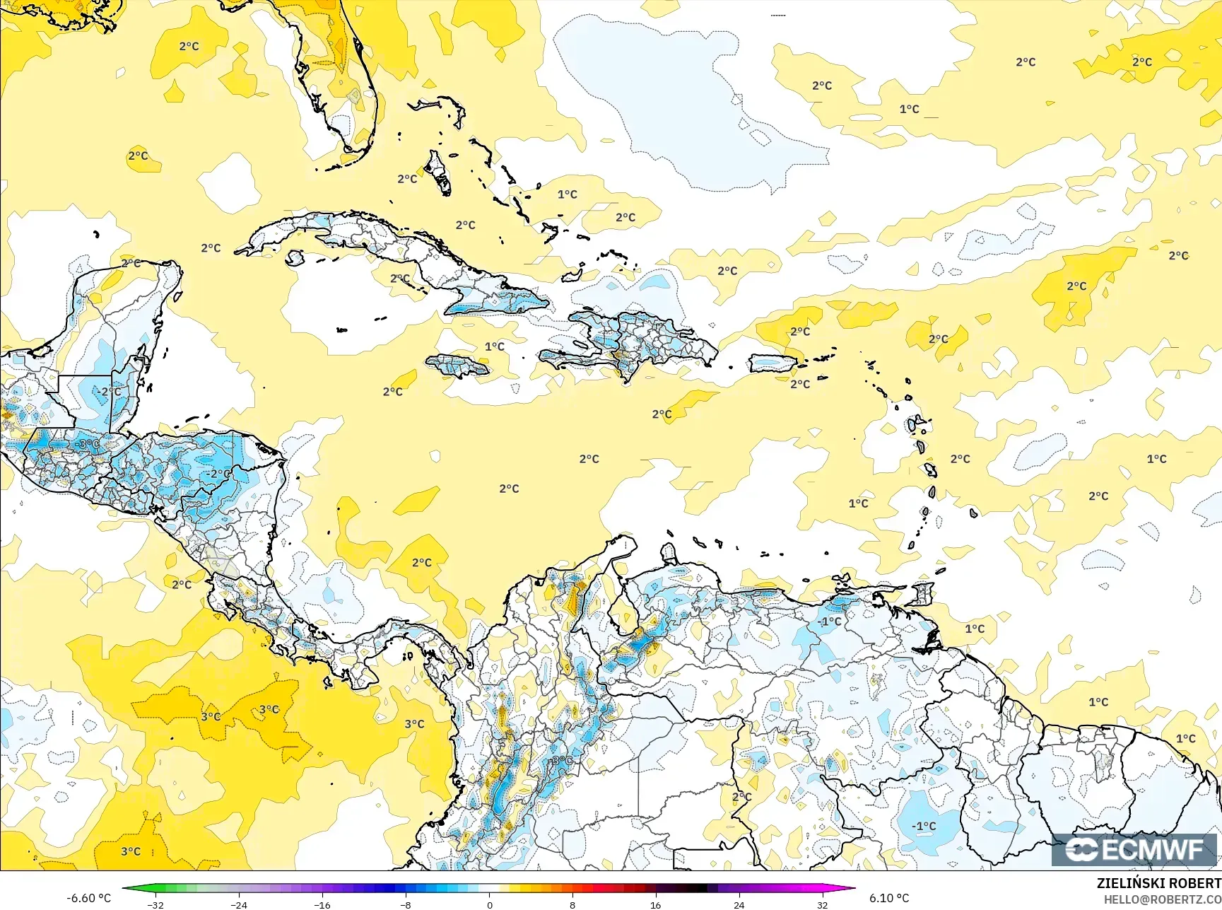 ECMWF IFS 0.25° model - Karayipler, 2 m Sıcaklık Anomalisi