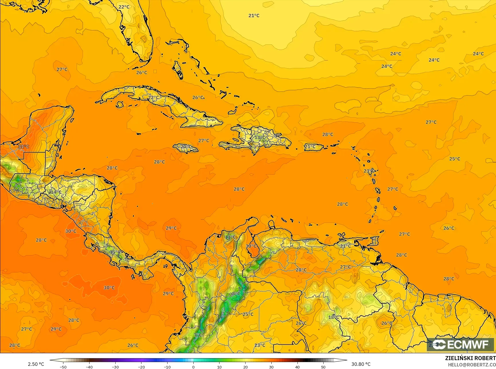 ECMWF IFS 0.25° model - Karayipler, 2 m Sıcaklık
