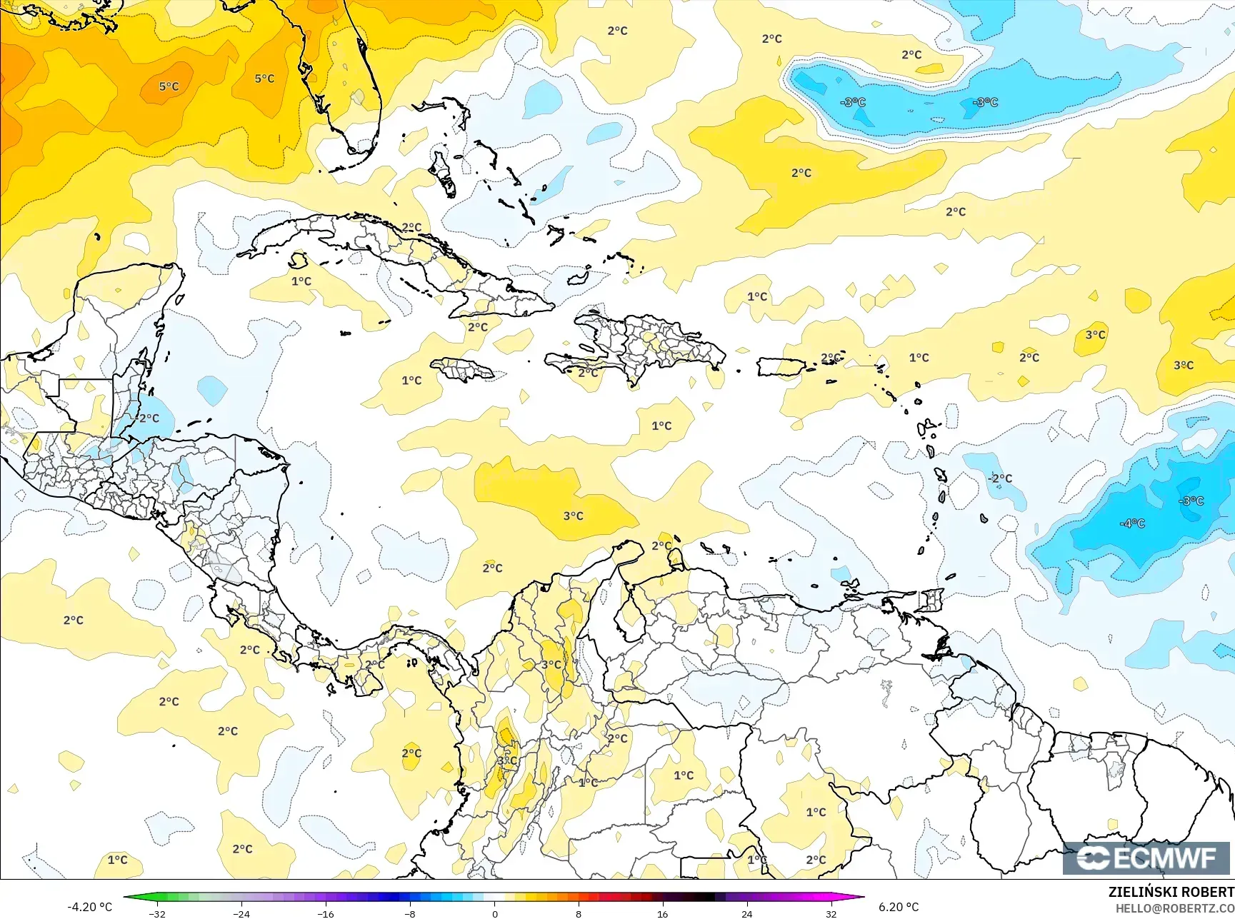 ECMWF IFS 0.25° model - Karayipler, 850 hPa Sıcaklık Anomalisi